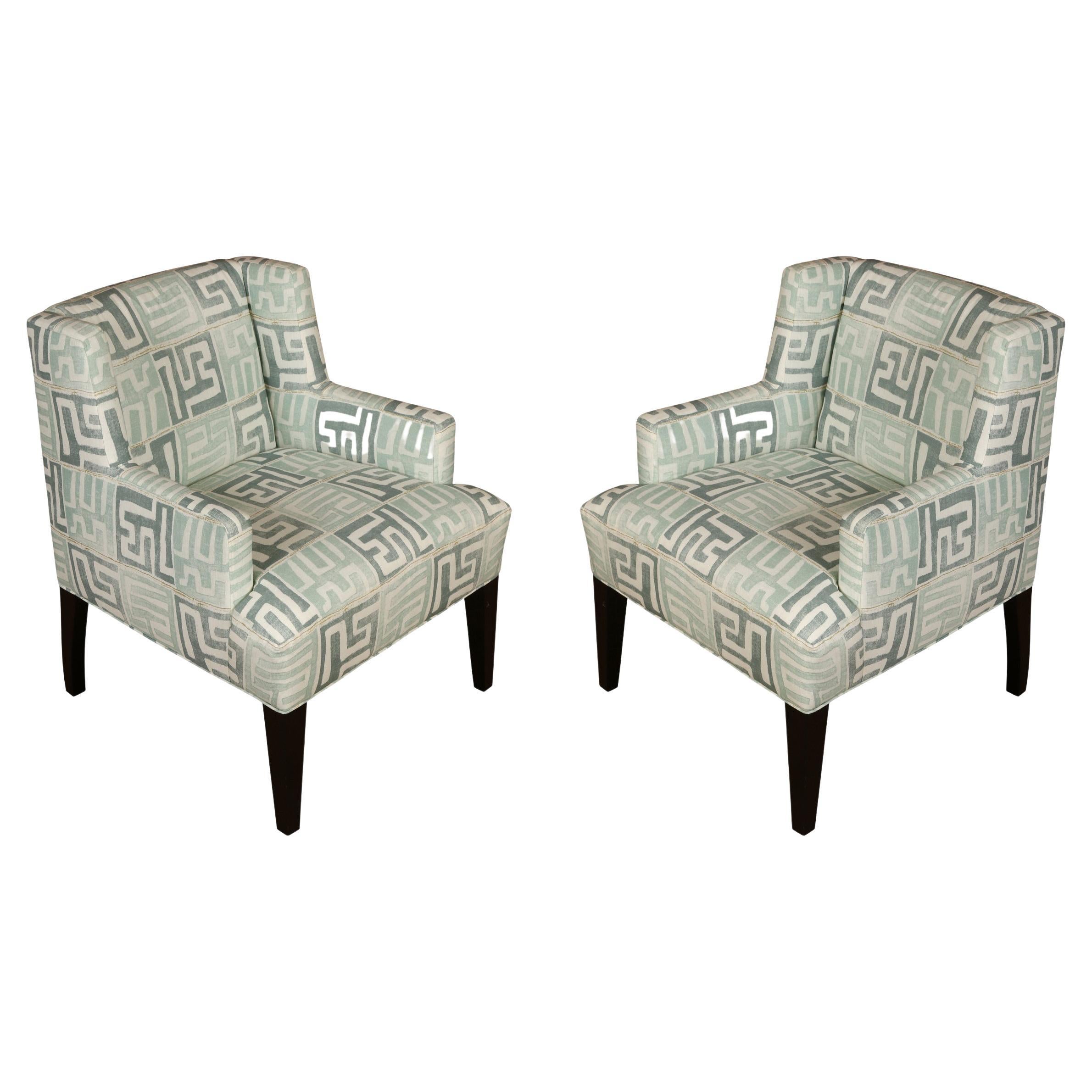 Pair of Claremont Blue Geometric Linen Club Chairs For Sale