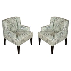 Vintage Pair of Claremont Blue Geometric Linen Club Chairs