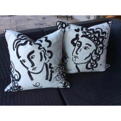 Pair of Clarence House “Jules Et Jim” Charcoal White & Cream Pillows