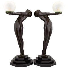 Pair of Clarté Art Deco Style Lamps Max Le Verrier Nude with Globe 84 cm 33 inch