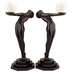 Paar Clarté Art Deco Style Lampen Max Le Verrier Nude mit Globe 84 cm 33 inch