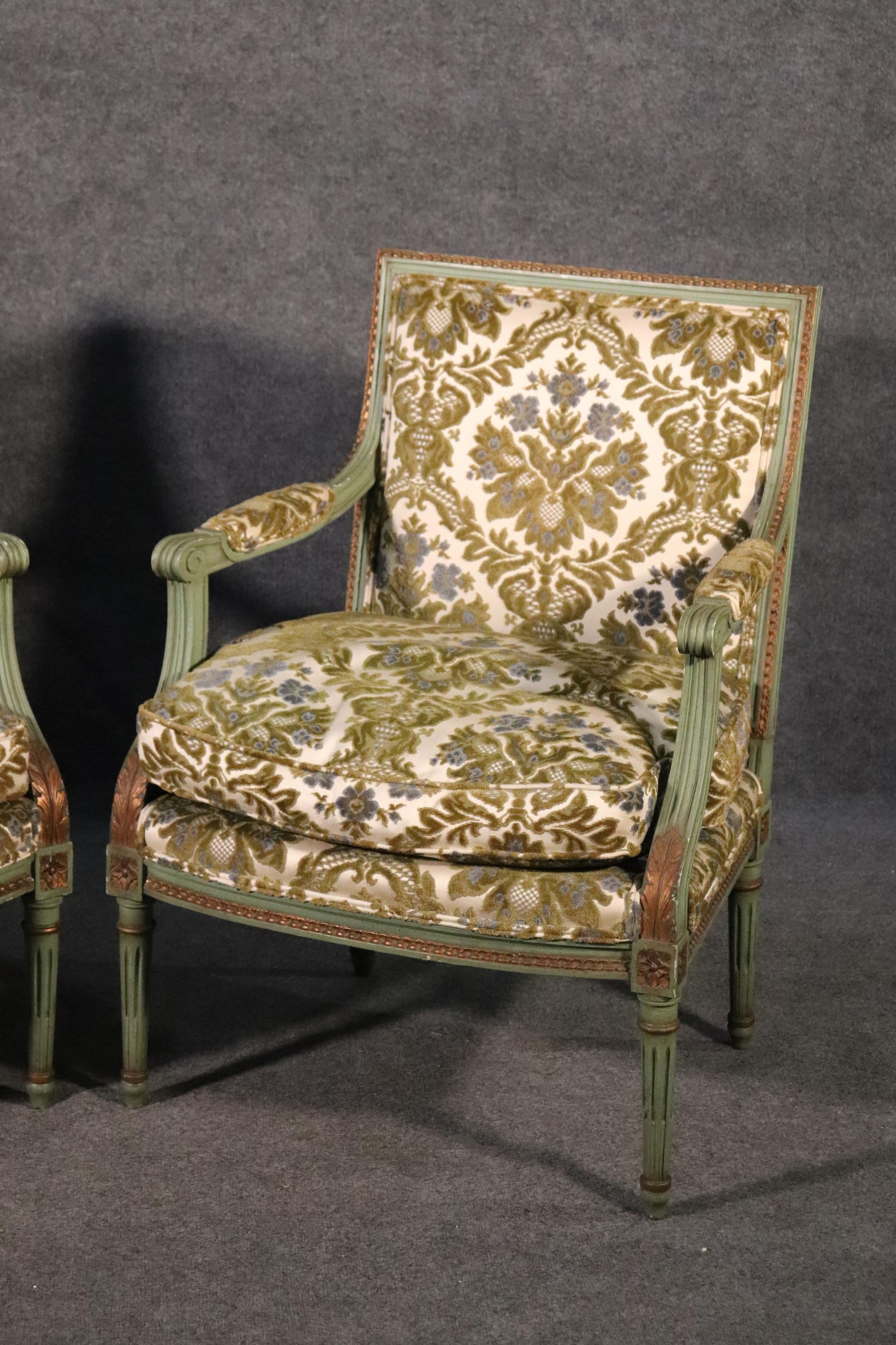 American Pair of Class Square Back Paint Decorated Louis XVI Bergere Chairs, Circa 1950