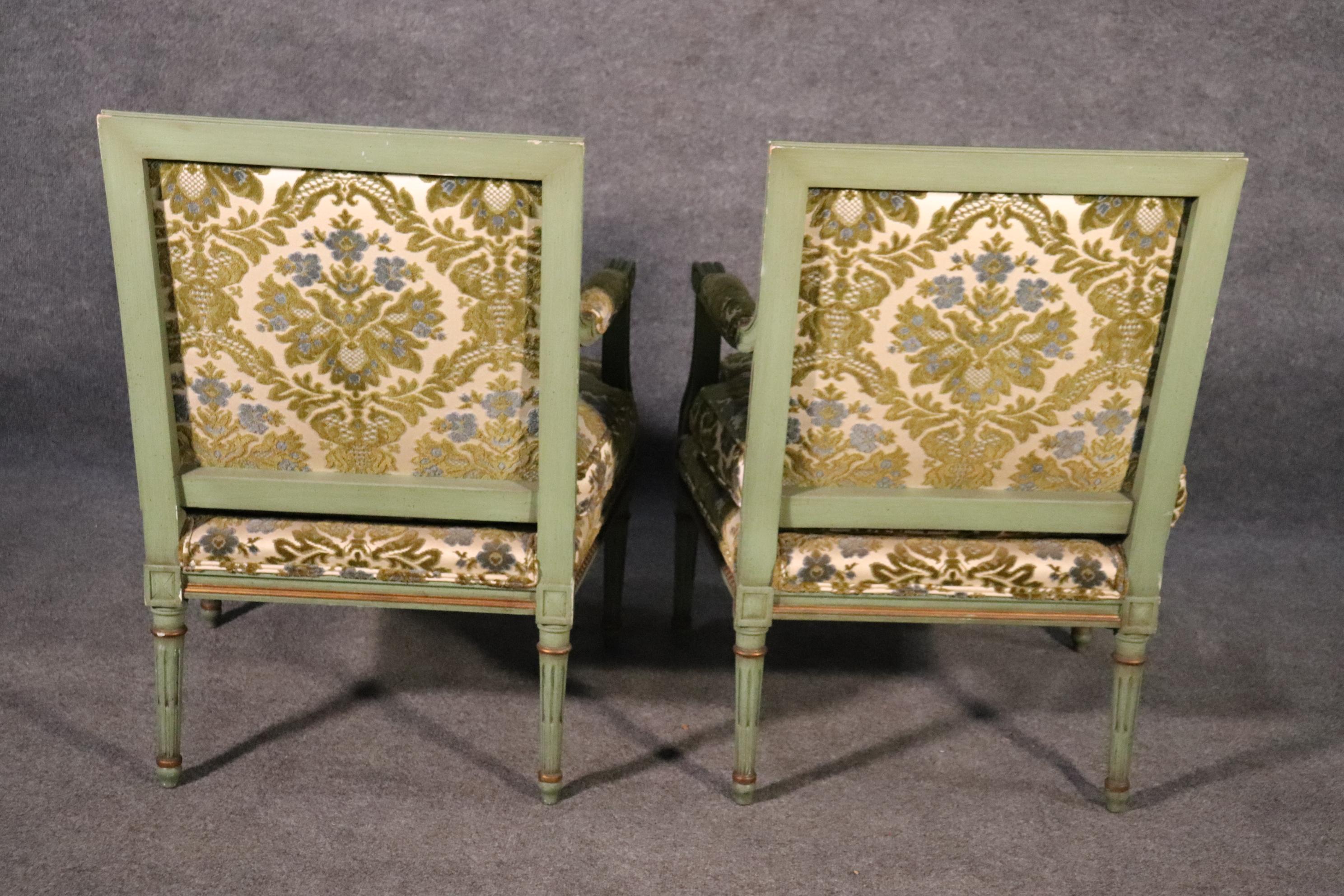 Mid-20th Century Pair of Class Square Back Paint Decorated Louis XVI Bergere Chairs, Circa 1950