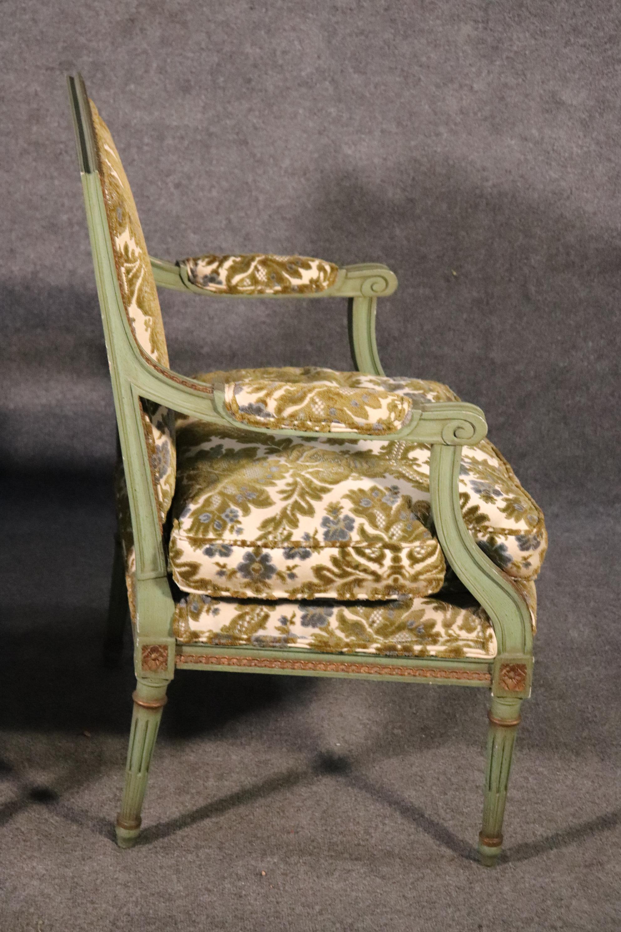 Walnut Pair of Class Square Back Paint Decorated Louis XVI Bergere Chairs, Circa 1950