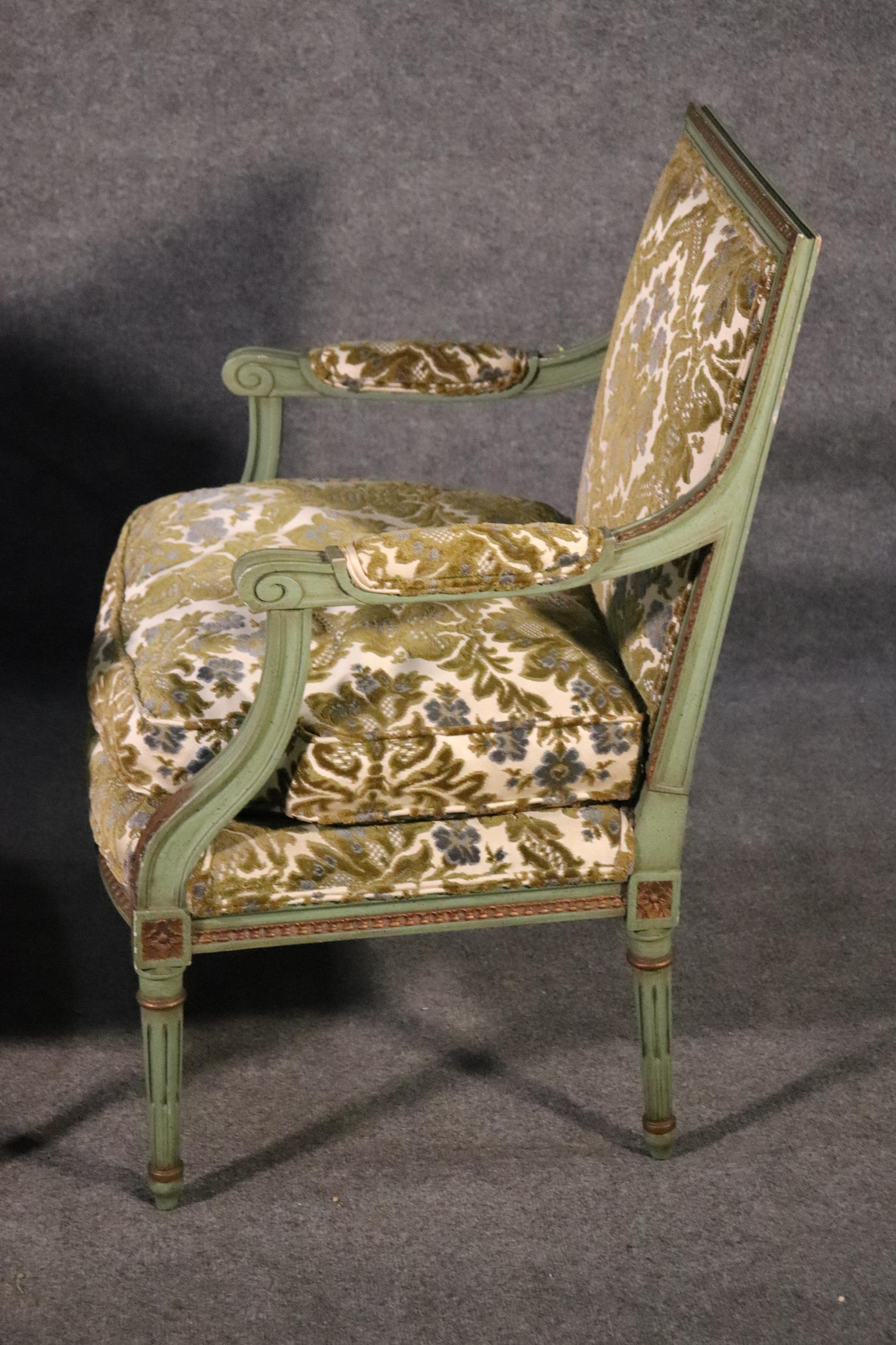 Pair of Class Square Back Paint Decorated Louis XVI Bergere Chairs, Circa 1950 1