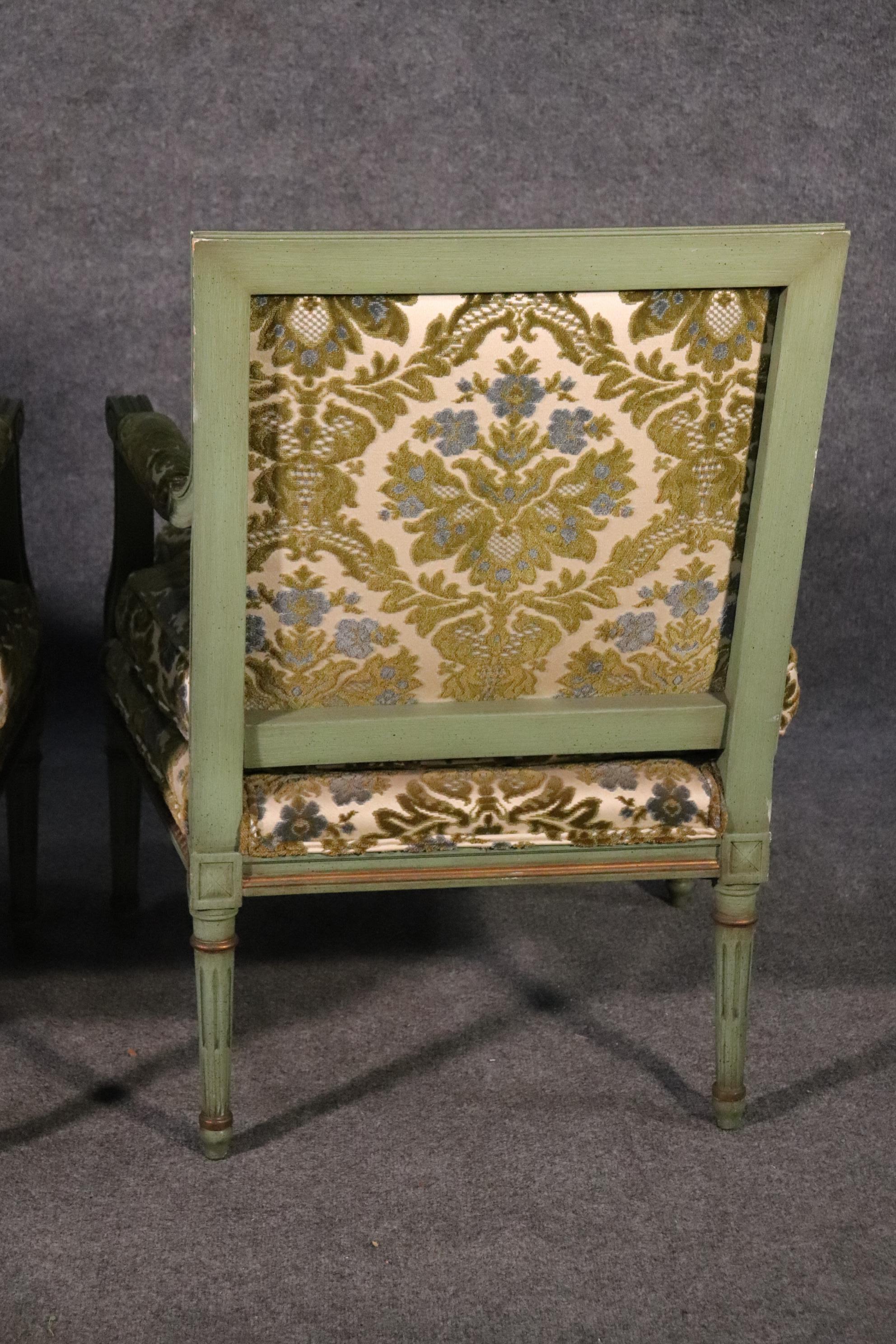 Pair of Class Square Back Paint Decorated Louis XVI Bergere Chairs, Circa 1950 3