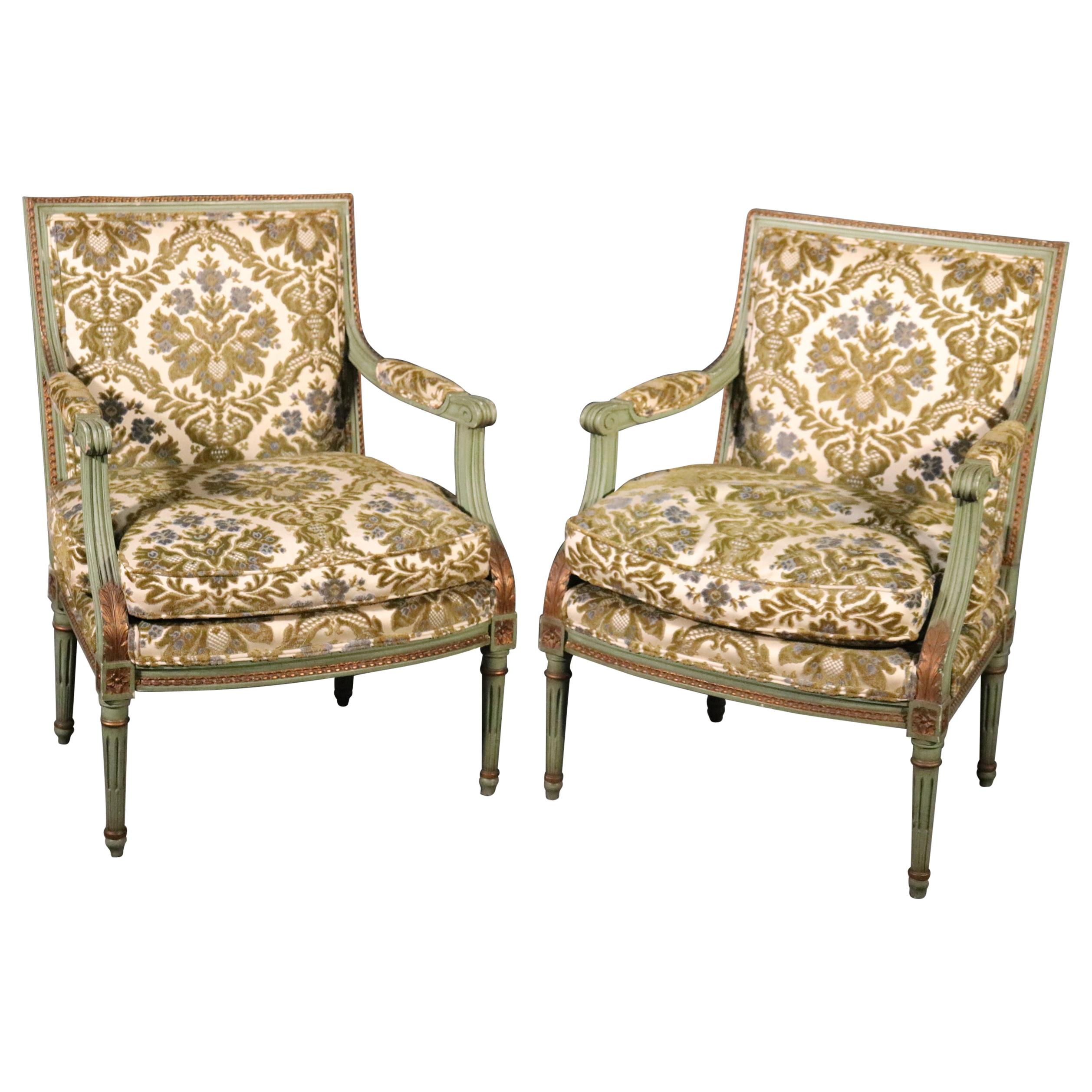 Pair of Class Square Back Paint Decorated Louis XVI Bergere Chairs, Circa 1950