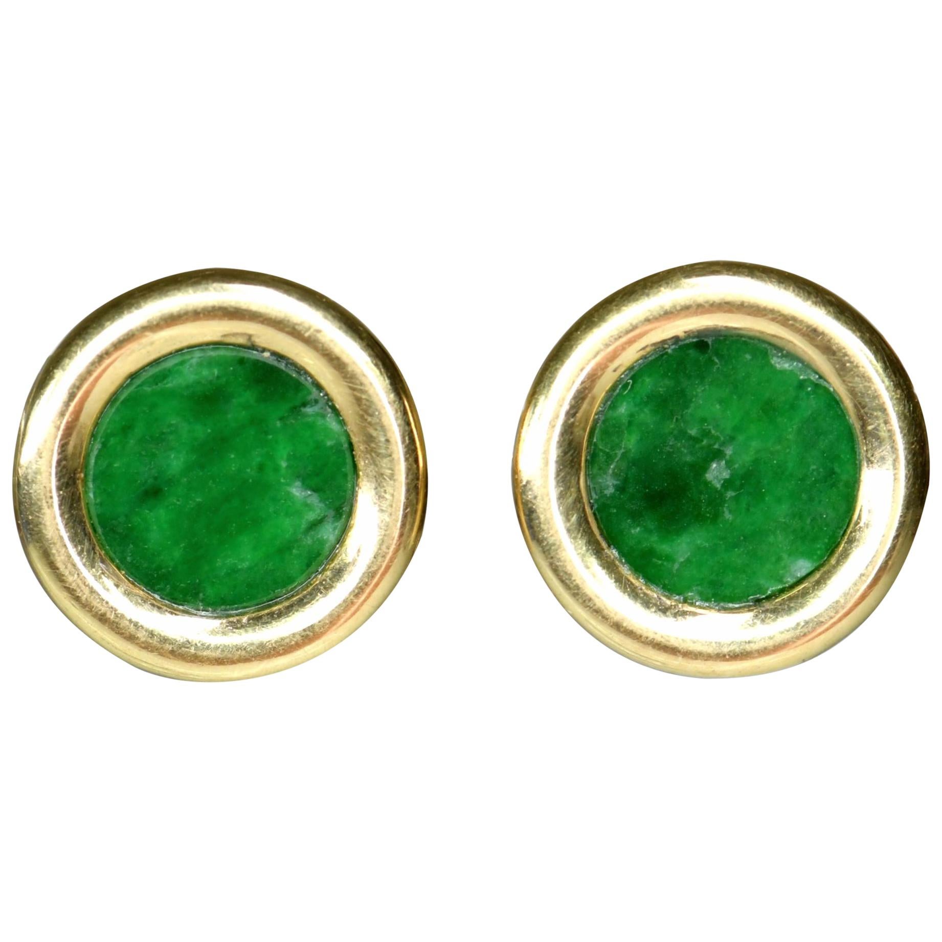 Pair of Classic 18 Karat Gold Natural Jade Disc Earrings