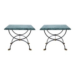 Pair of Classic 1950 Side Tables, Green Marble Top on Wrought Iron Structure