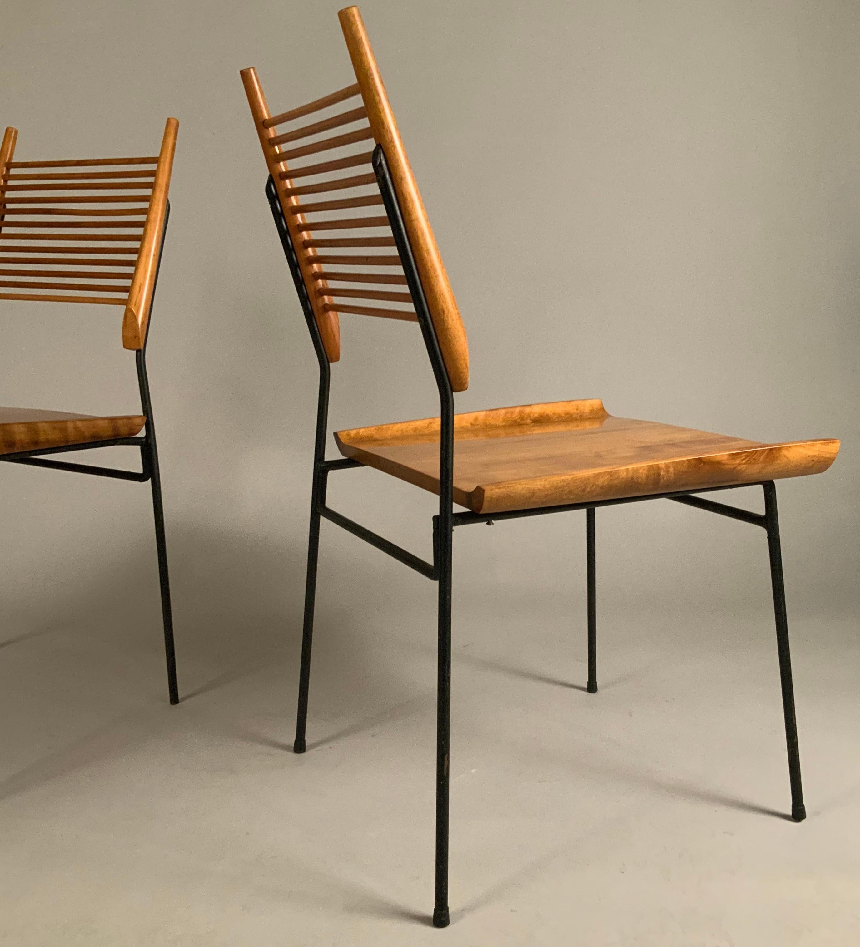 Wrought Iron Pair of Classic 1950's Iron & Maple Chairs by Paul McCobb
