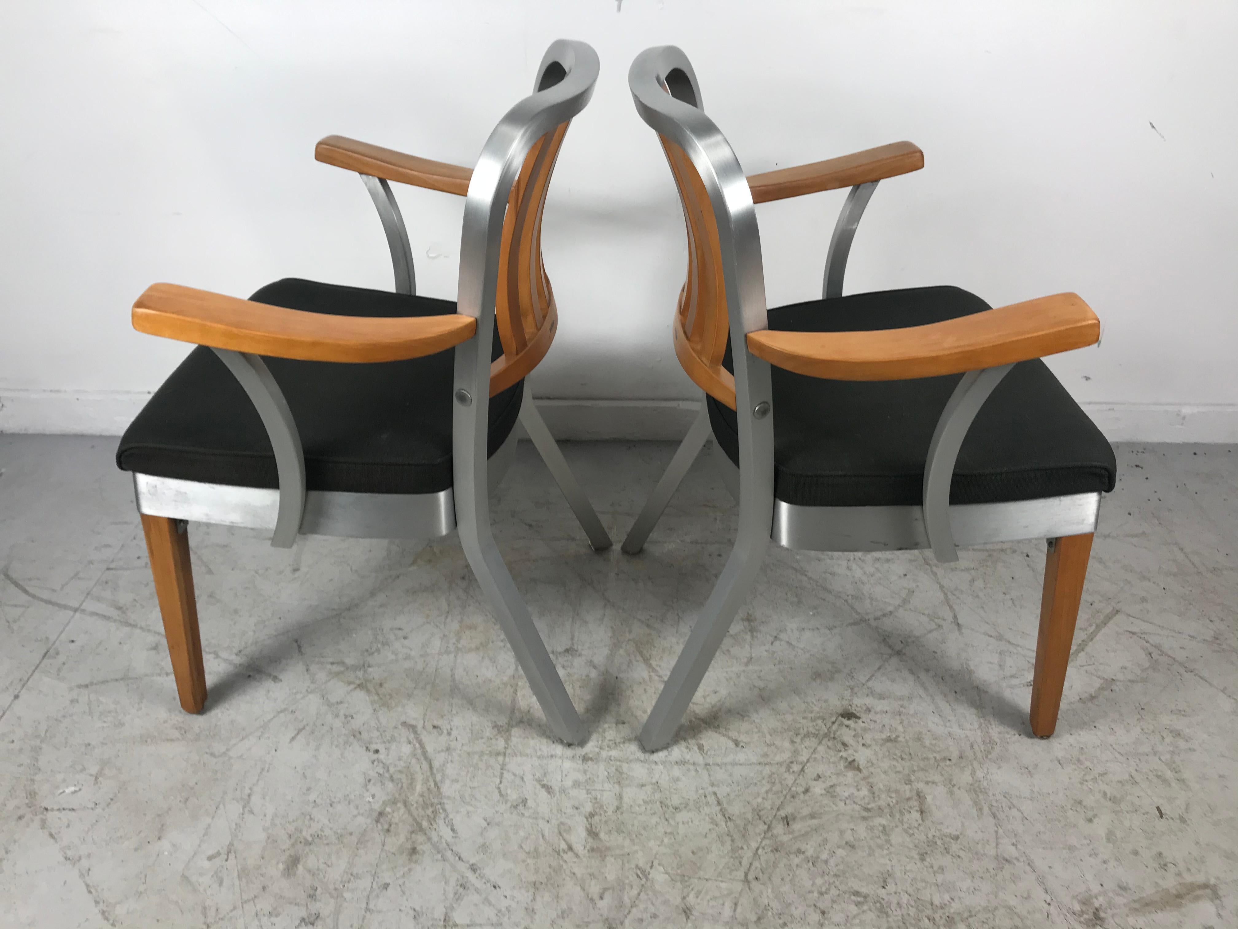 Pair of Classic Aluminum and Maple Armchairs by Shaw Walker 1940s Industrial 5