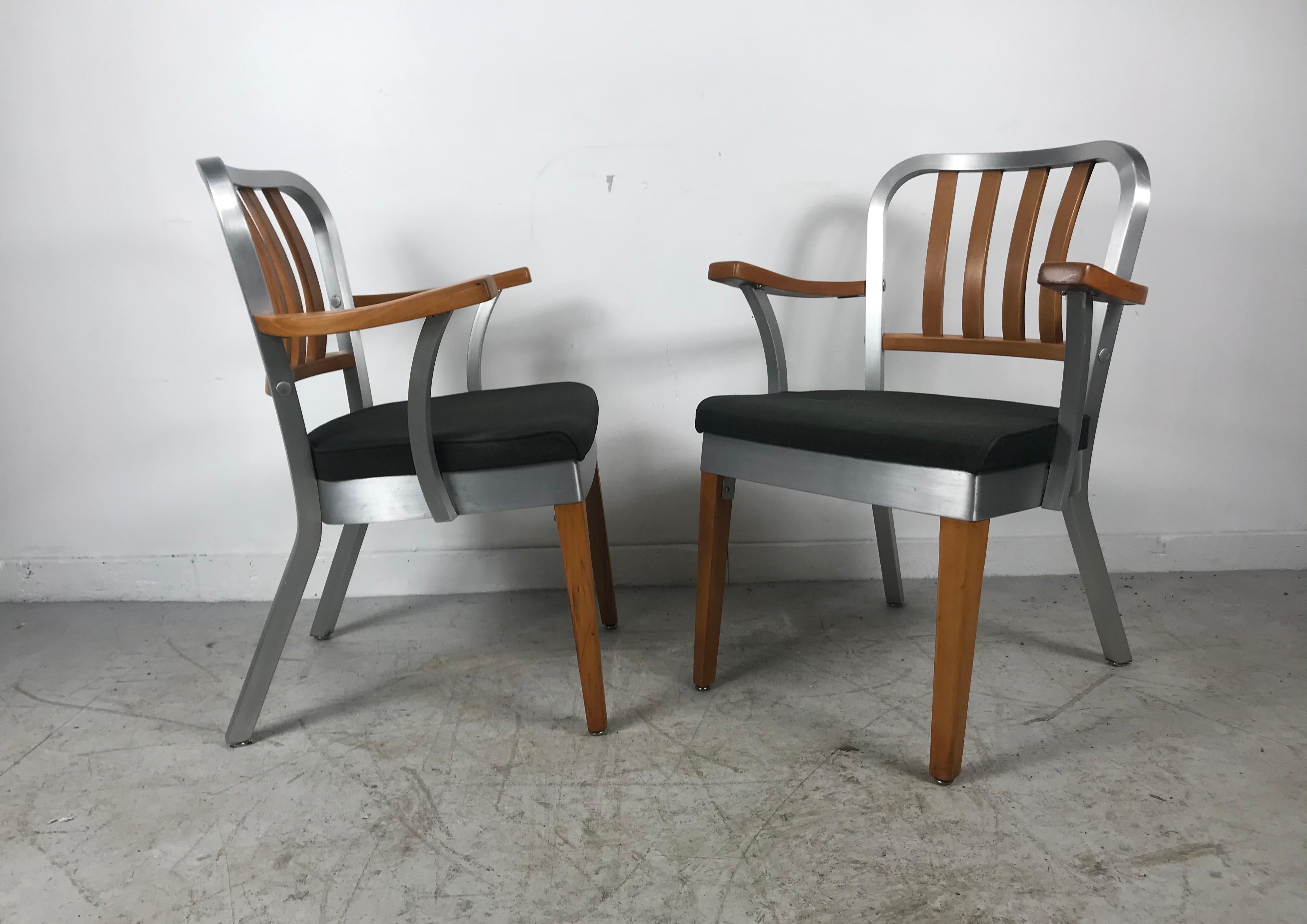 American Pair of Classic Aluminum and Maple Armchairs by Shaw Walker 1940s Industrial