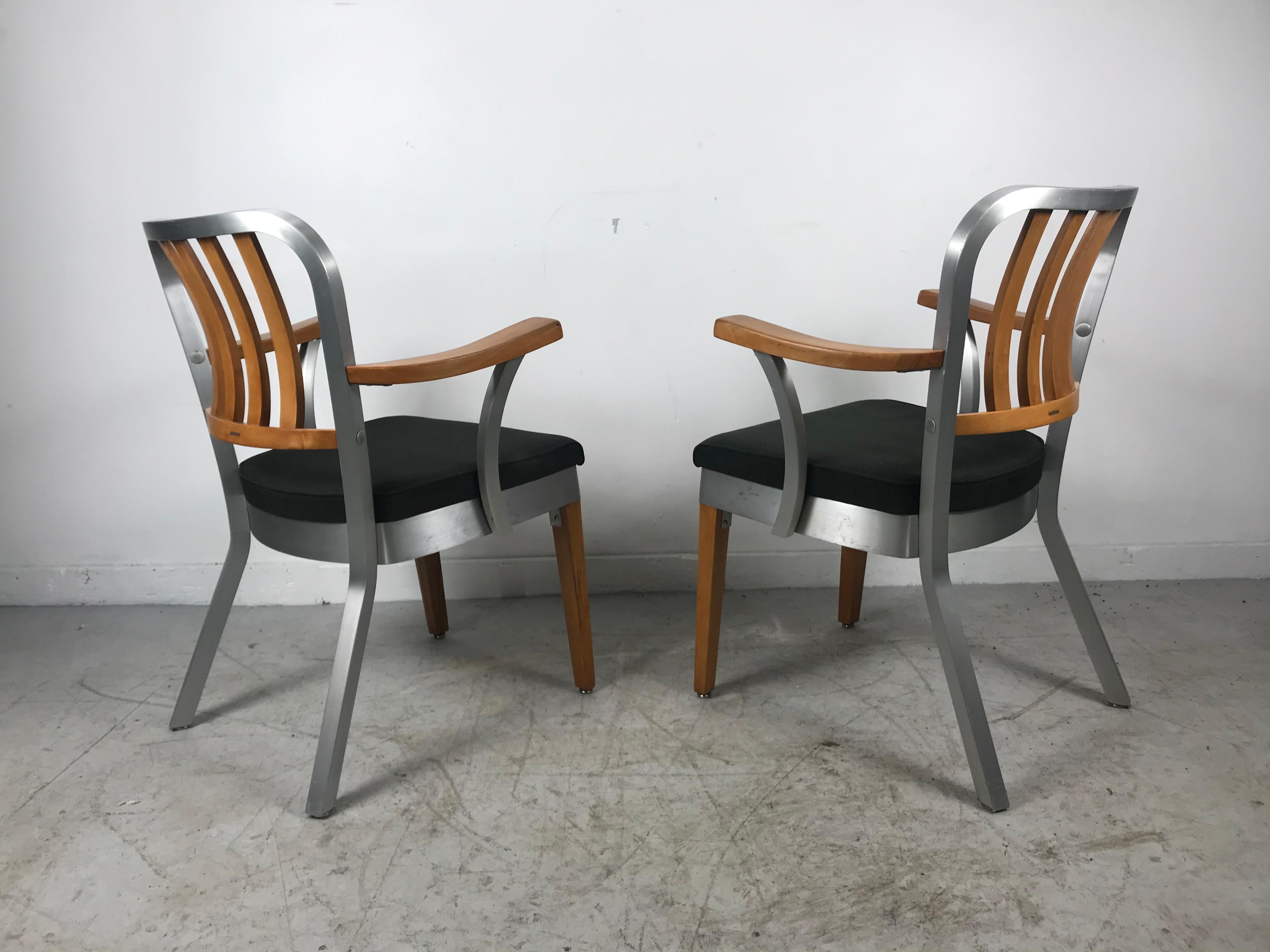 Pair of Classic Aluminum and Maple Armchairs by Shaw Walker 1940s Industrial 1