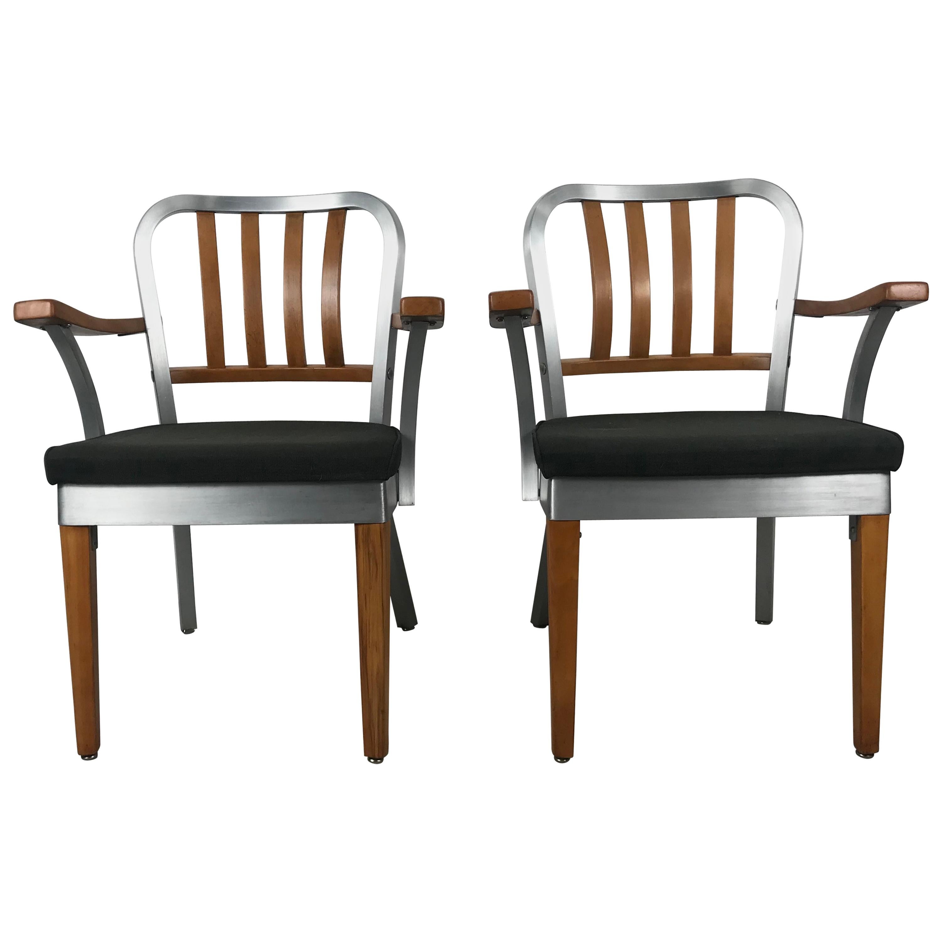 Pair of Classic Aluminum and Maple Armchairs by Shaw Walker 1940s Industrial
