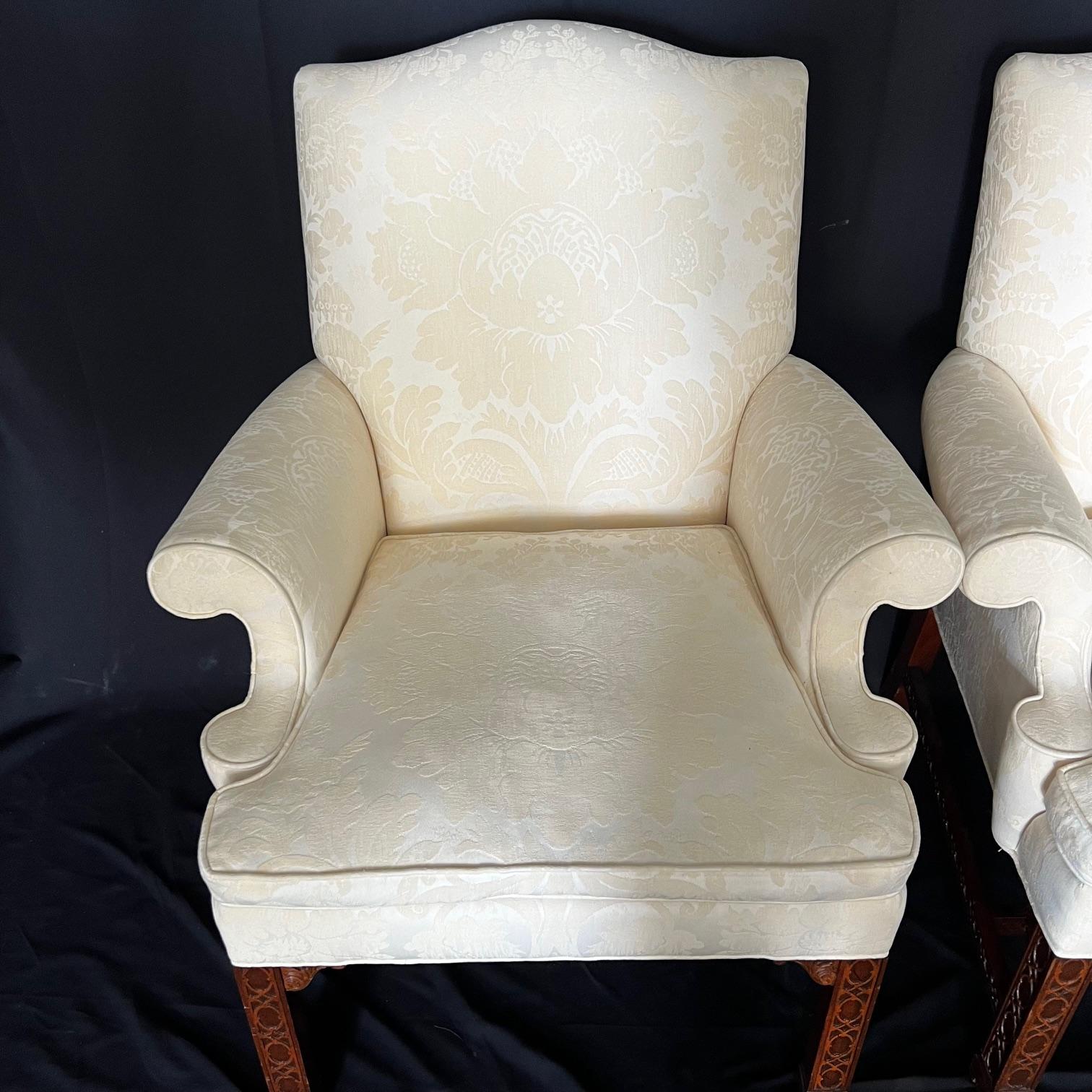  Pair of Classic British Georgian Style Armchairs with Carved Lattice Work For Sale 4