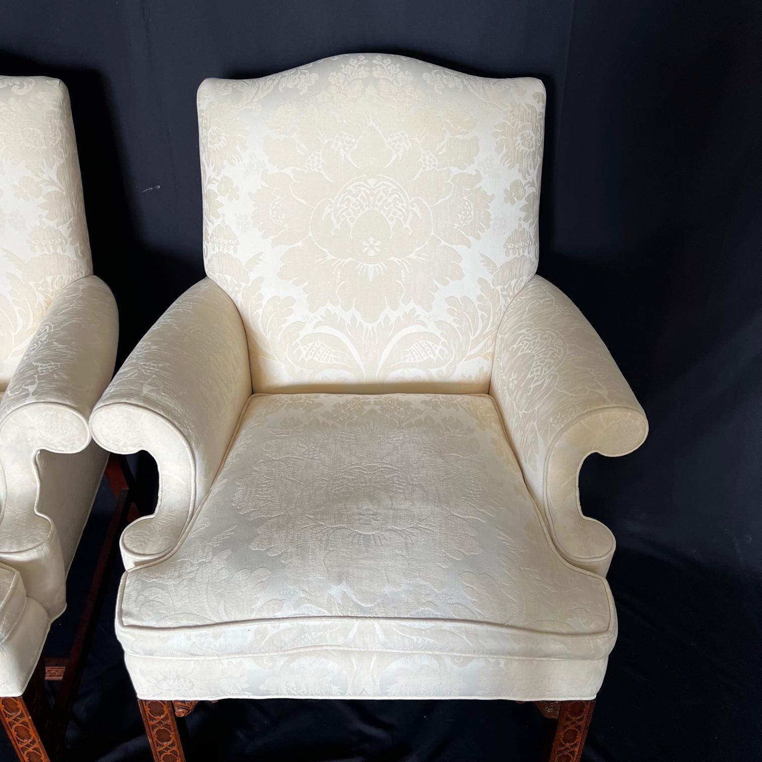  Pair of Classic British Georgian Style Armchairs with Carved Lattice Work In Good Condition For Sale In Hopewell, NJ
