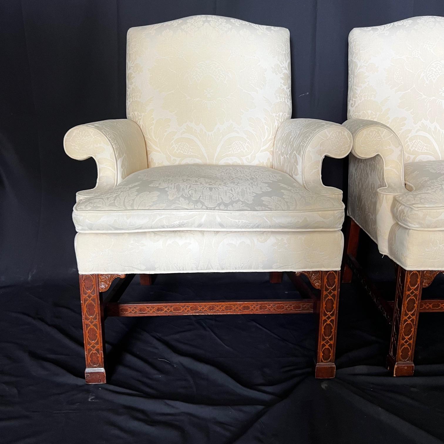  Pair of Classic British Georgian Style Armchairs with Carved Lattice Work For Sale 1