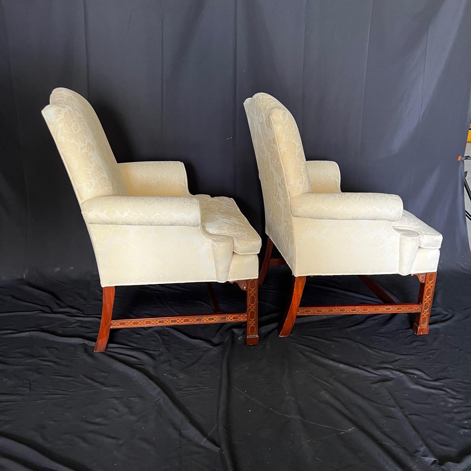  Pair of Classic British Georgian Style Armchairs with Carved Lattice Work For Sale 3