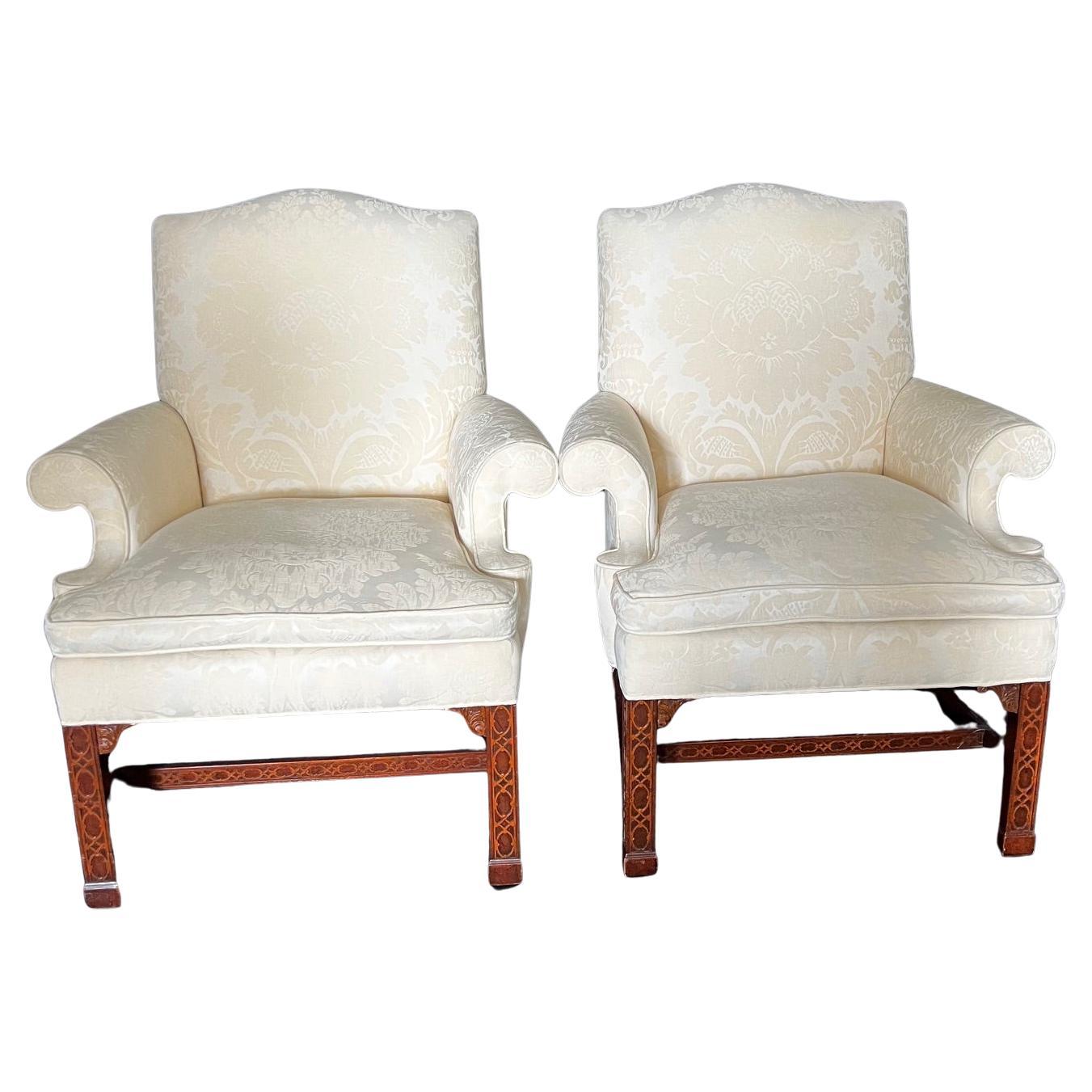  Pair of Classic British Georgian Style Armchairs with Carved Lattice Work For Sale