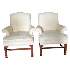  Pair of Classic British Georgian Style Armchairs with Carved Lattice Work