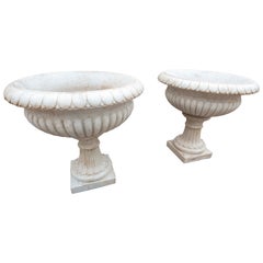 Pair of Classic Carved Marble Urns with Pedestals