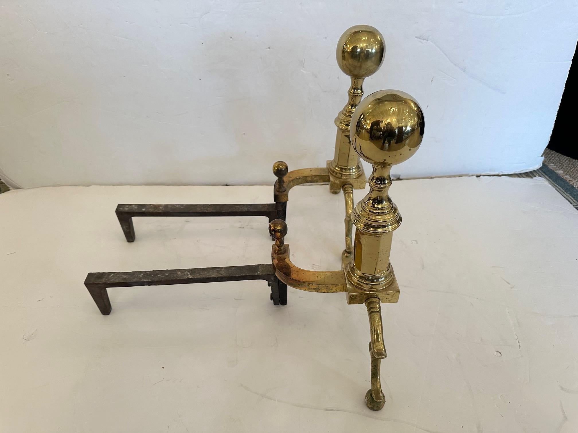Pair of Classic Cast Brass Chippendale Style Andirons For Sale 2