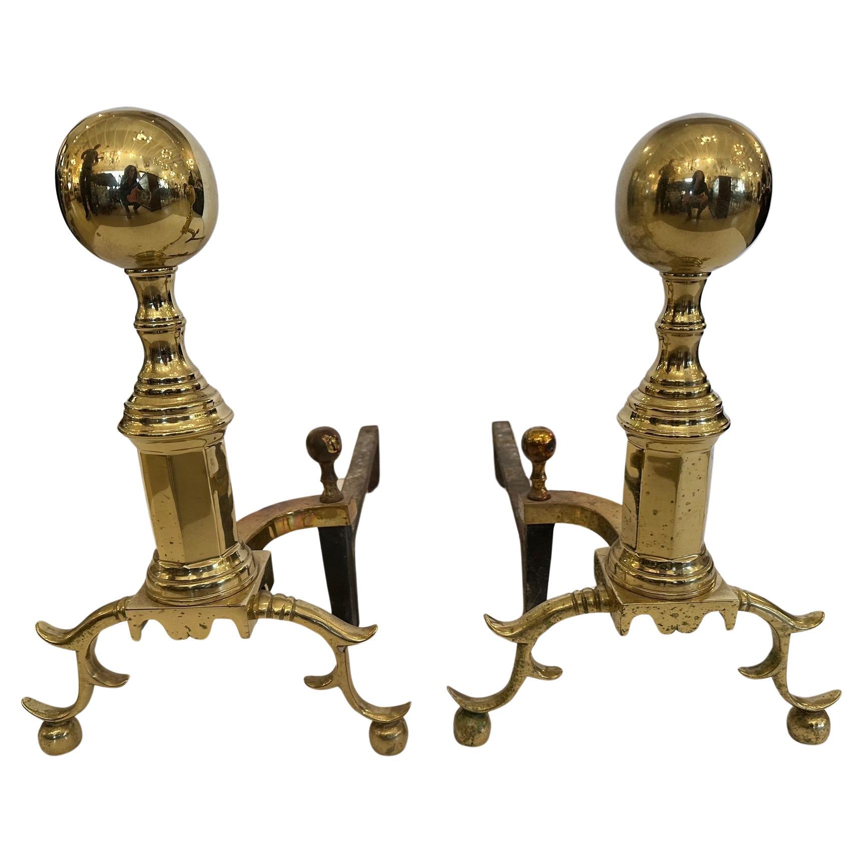Pair of Classic Cast Brass Chippendale Style Andirons For Sale