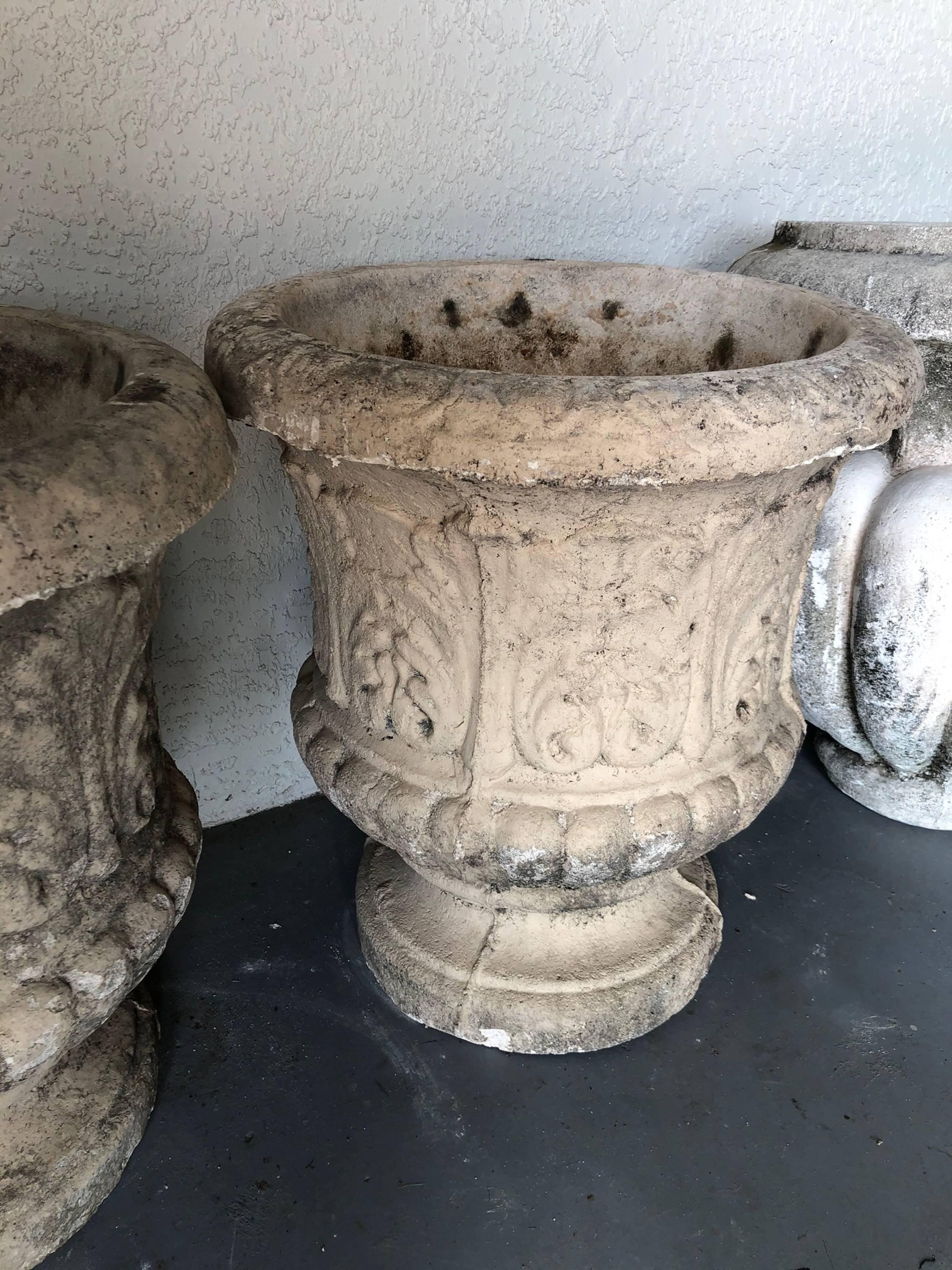 Pair of Classic Cast Stone Garden Urns with Acanthus Leaf Scrollwork 4