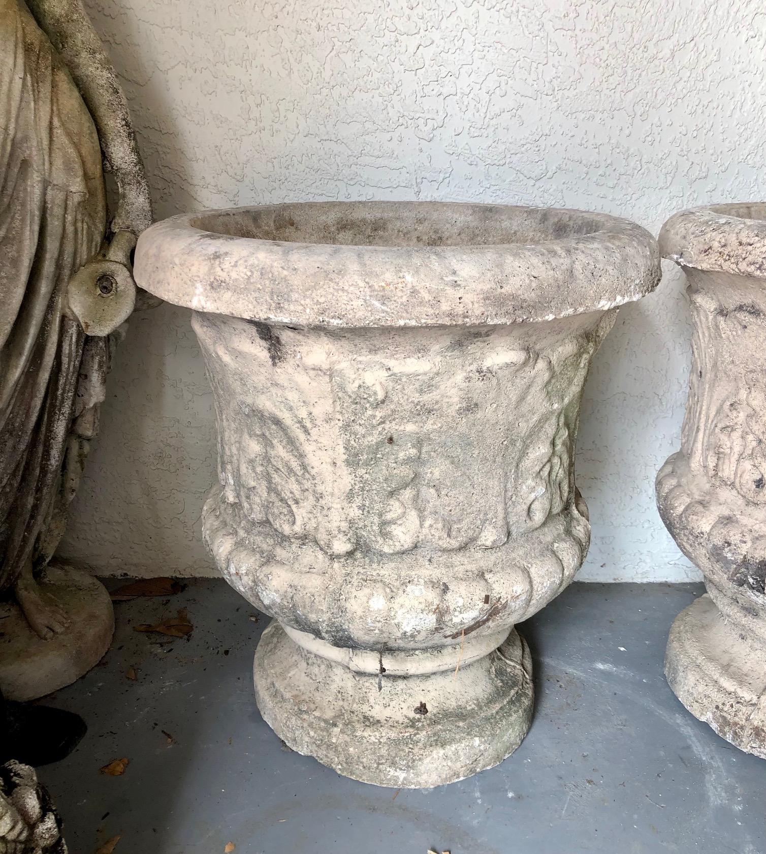Neoclassical Pair of Classic Cast Stone Garden Urns with Acanthus Leaf Scrollwork