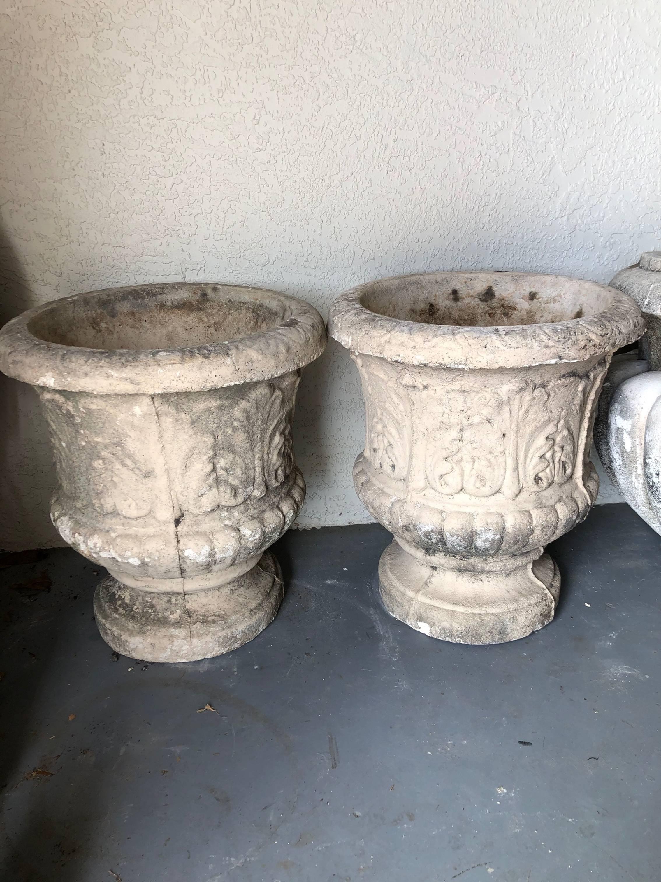 Pair of Classic Cast Stone Garden Urns with Acanthus Leaf Scrollwork 1