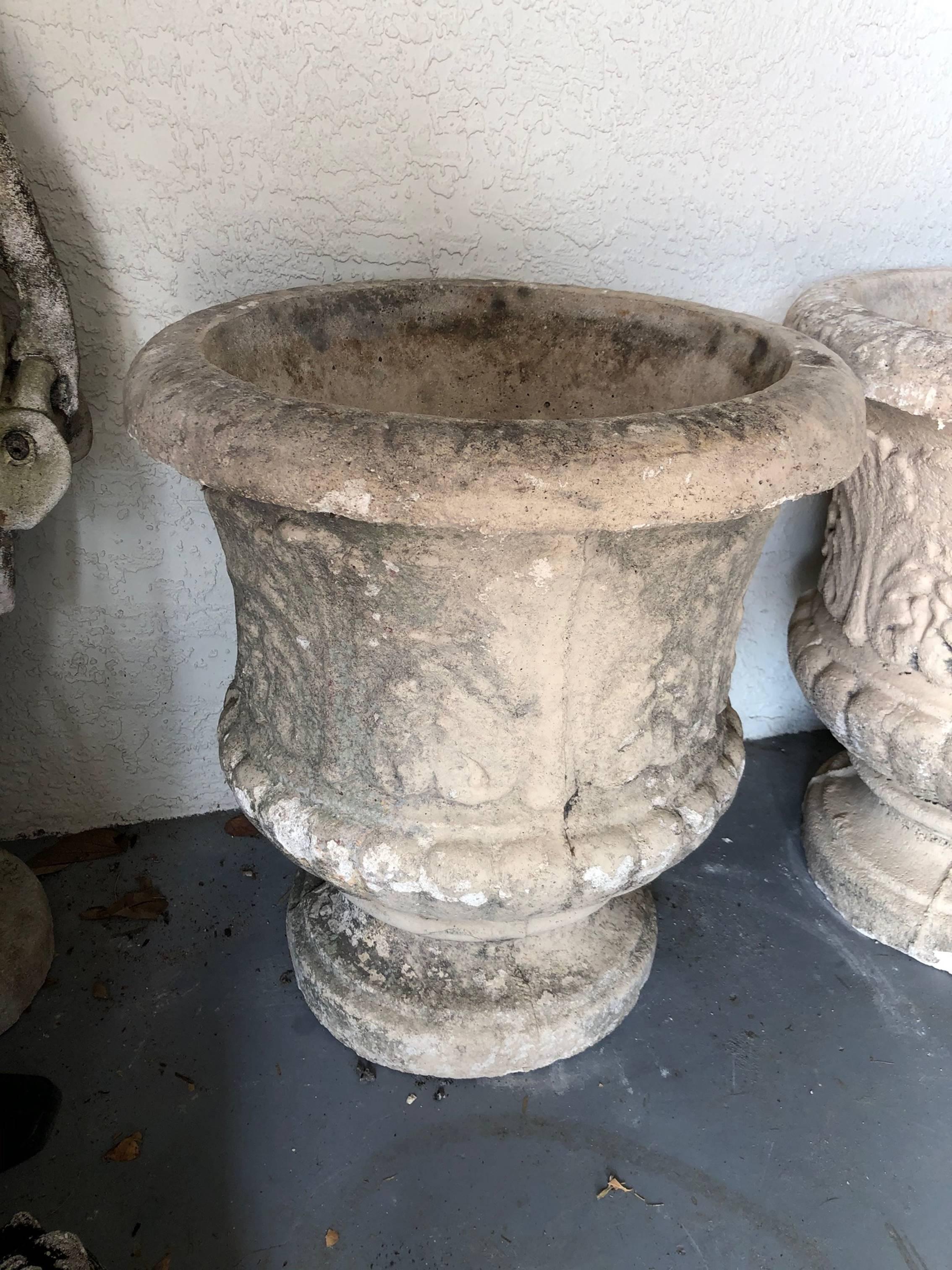 Pair of Classic Cast Stone Garden Urns with Acanthus Leaf Scrollwork 2