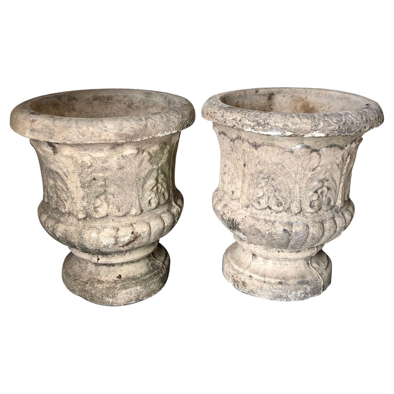Pair of Classic Cast Stone Garden Urns with Acanthus Leaf Scrollwork