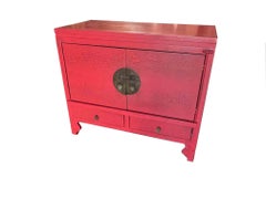 Pair of Classic Chinese Red Crackle Finish Two Door Ming Style Vanity Cabinets
