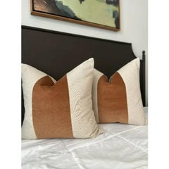 Pair of Classic Copper Velvet Panel With Oatmeal Linen Pillows