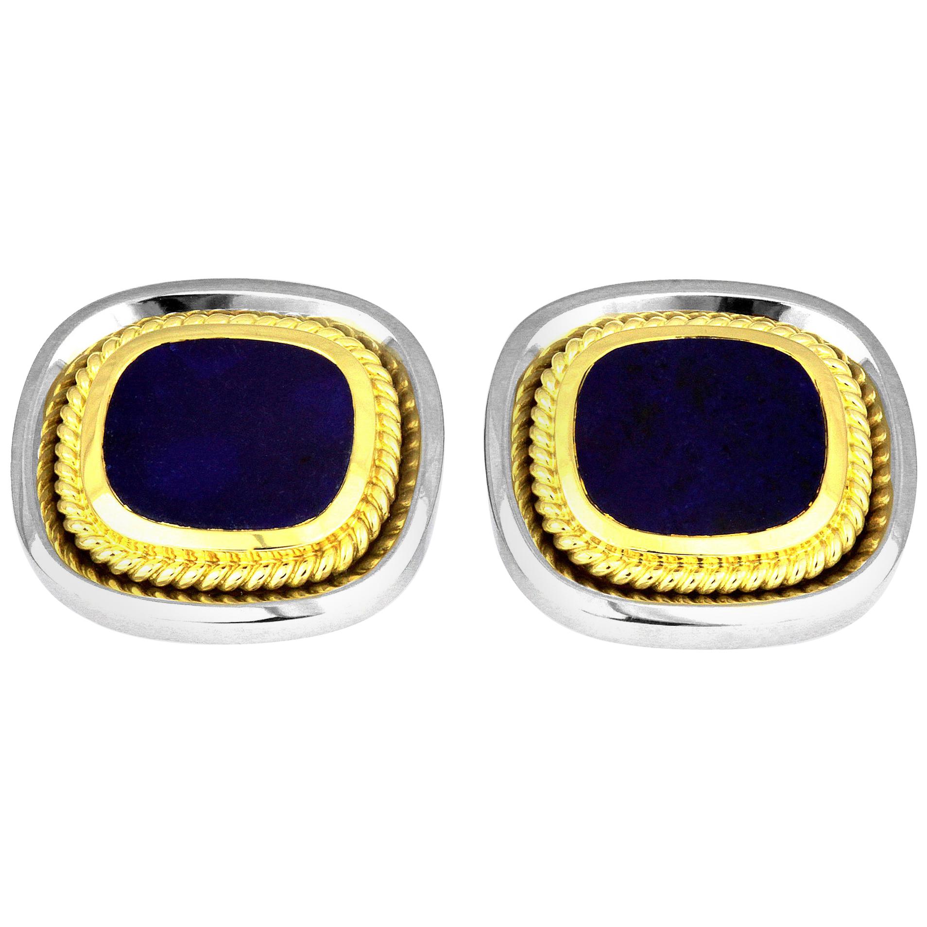 Vintage Cufflinks with Lapis Lazuli in Bimetal 18 Carat White & Yellow Gold For Sale
