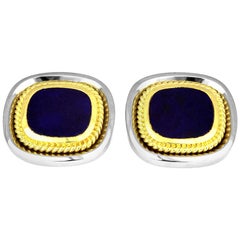 Gemelos Vintage con Lapislázuli en Bimetal de Oro Blanco y Amarillo de 18 Quilates