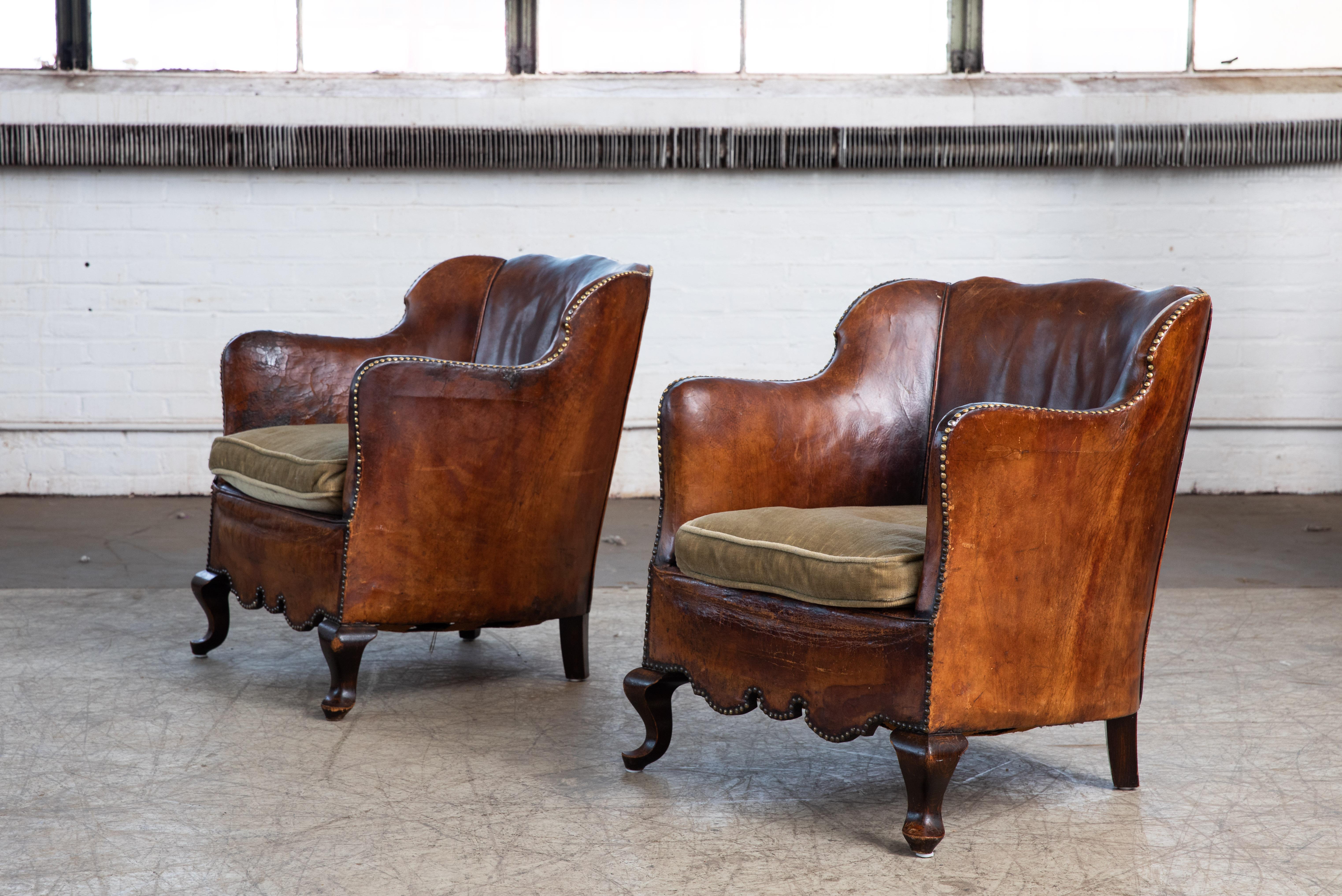 Mid-Century Modern Pair of Classic Danish Club or Library Chairs in Cognac Color Patinated Leather