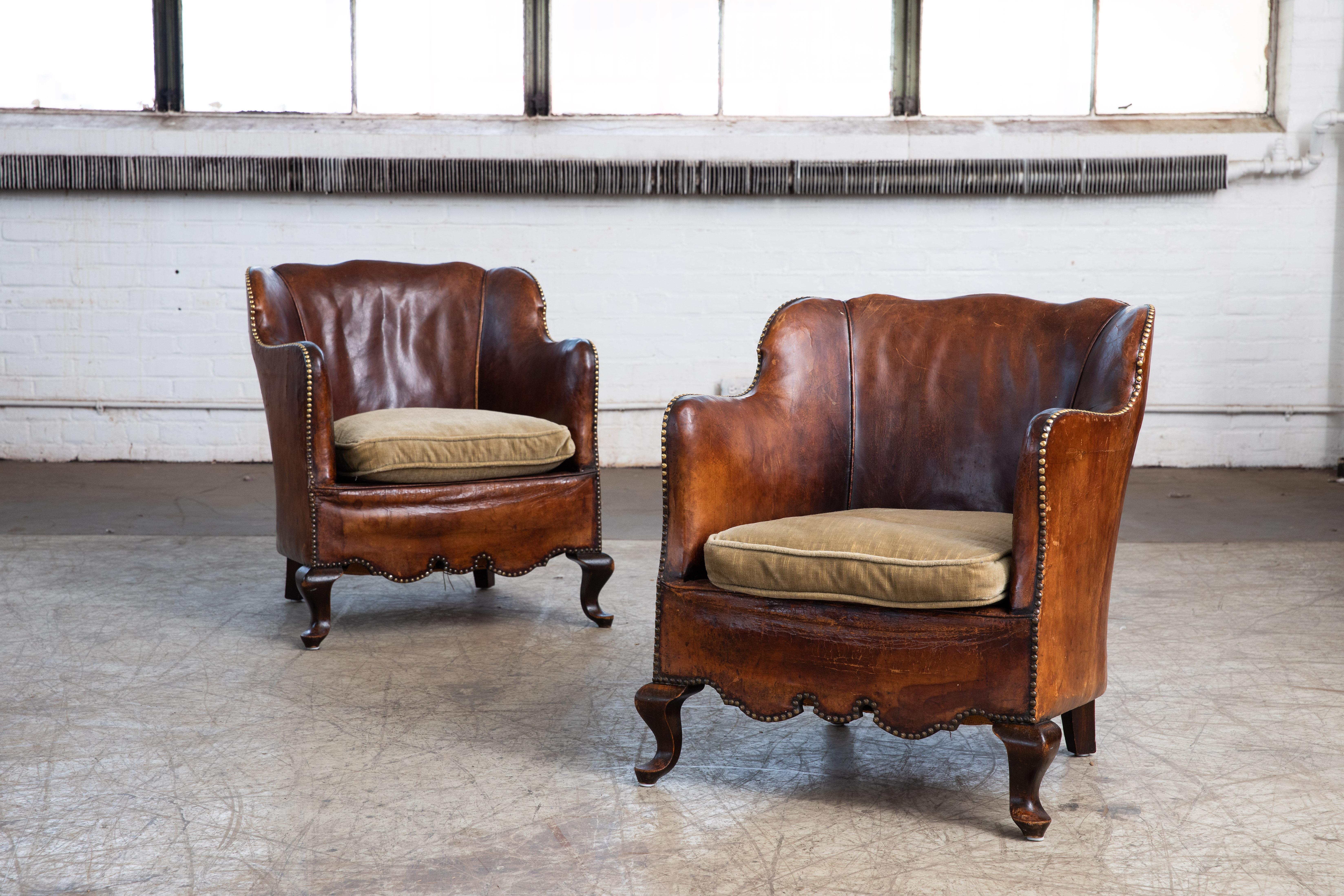 Pair of Classic Danish Club or Library Chairs in Cognac Color Patinated Leather In Fair Condition In Bridgeport, CT
