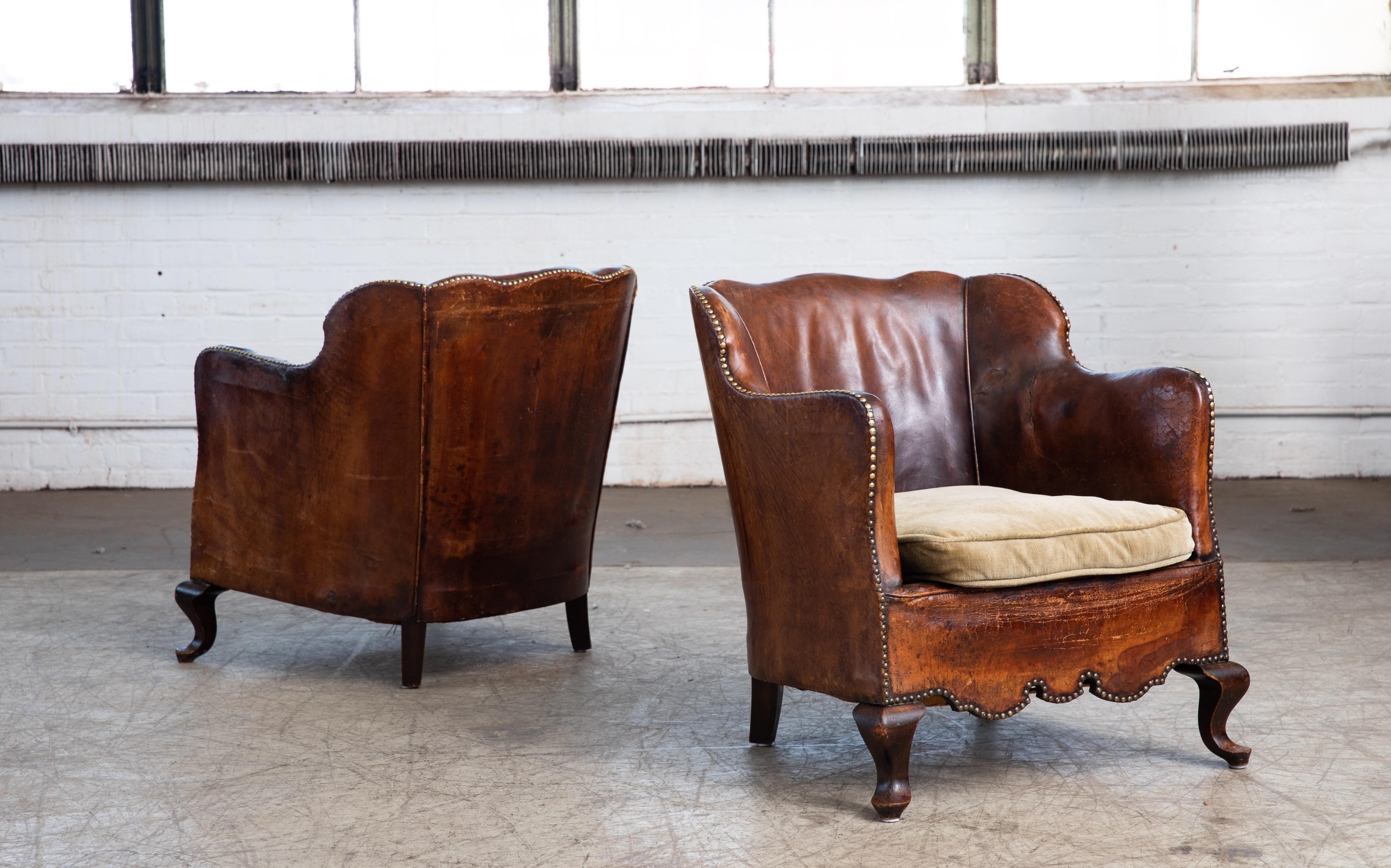 Mid-20th Century Pair of Classic Danish Club or Library Chairs in Cognac Color Patinated Leather