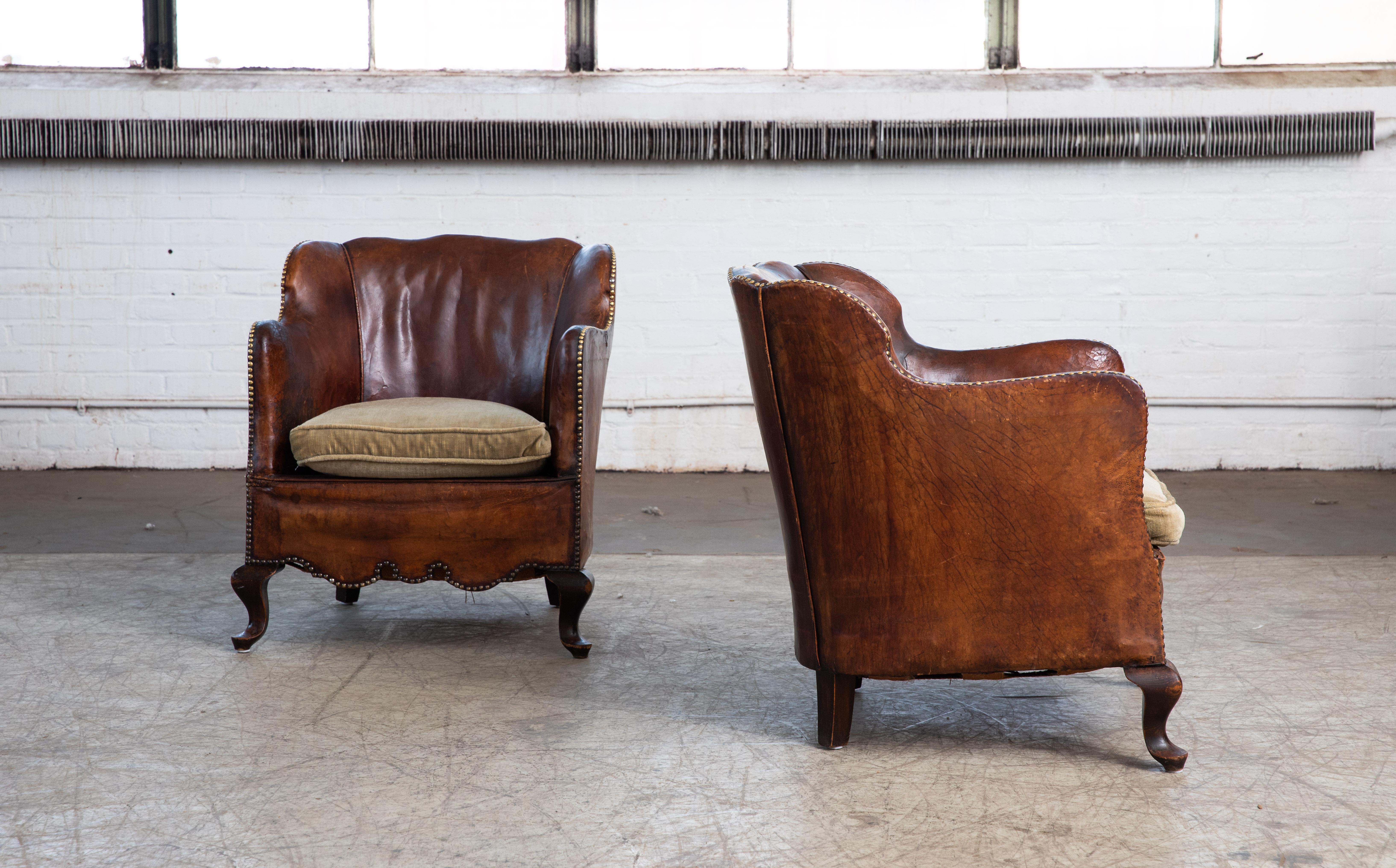 Pair of Classic Danish Club or Library Chairs in Cognac Color Patinated Leather 1