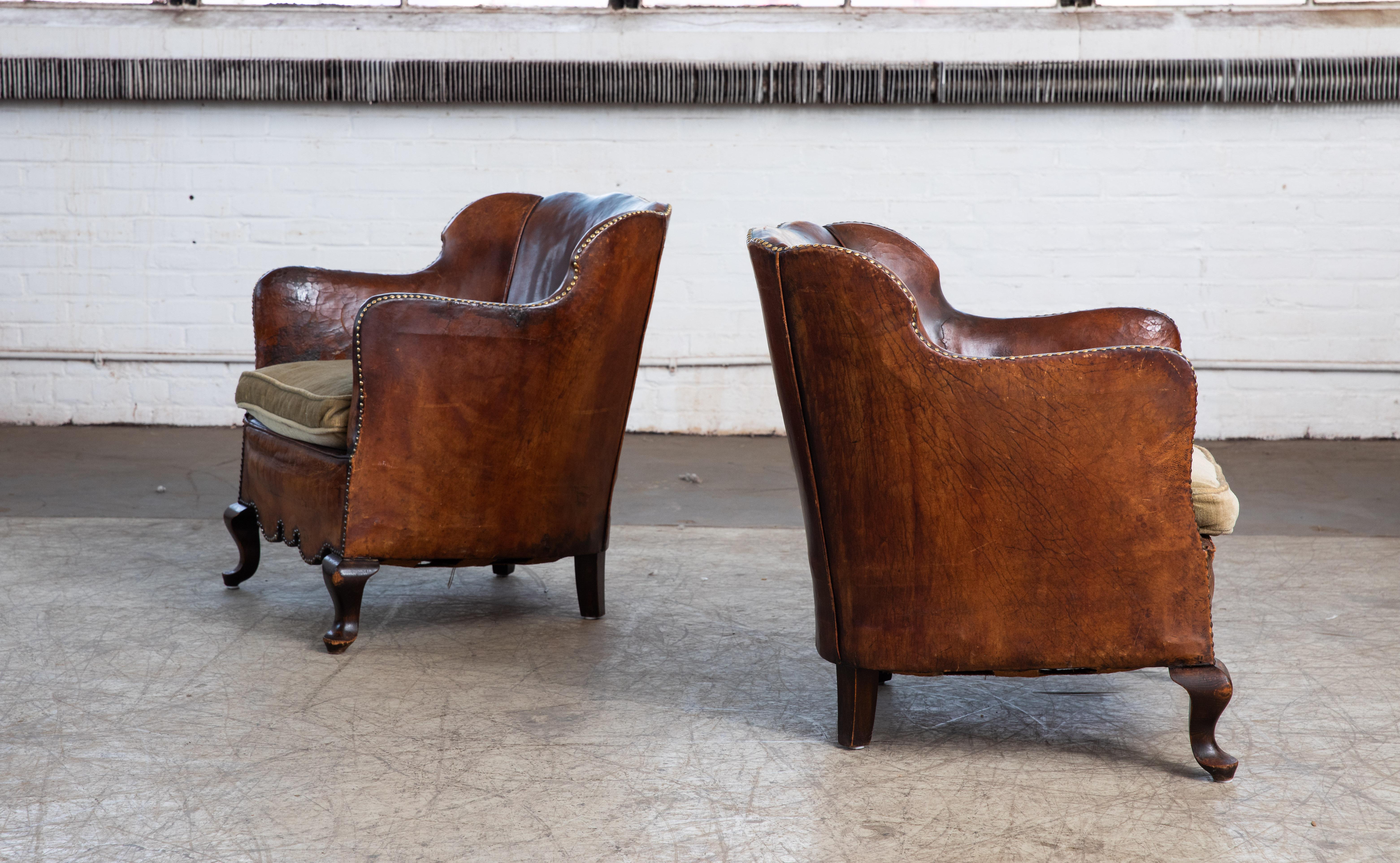 Pair of Classic Danish Club or Library Chairs in Cognac Color Patinated Leather 2