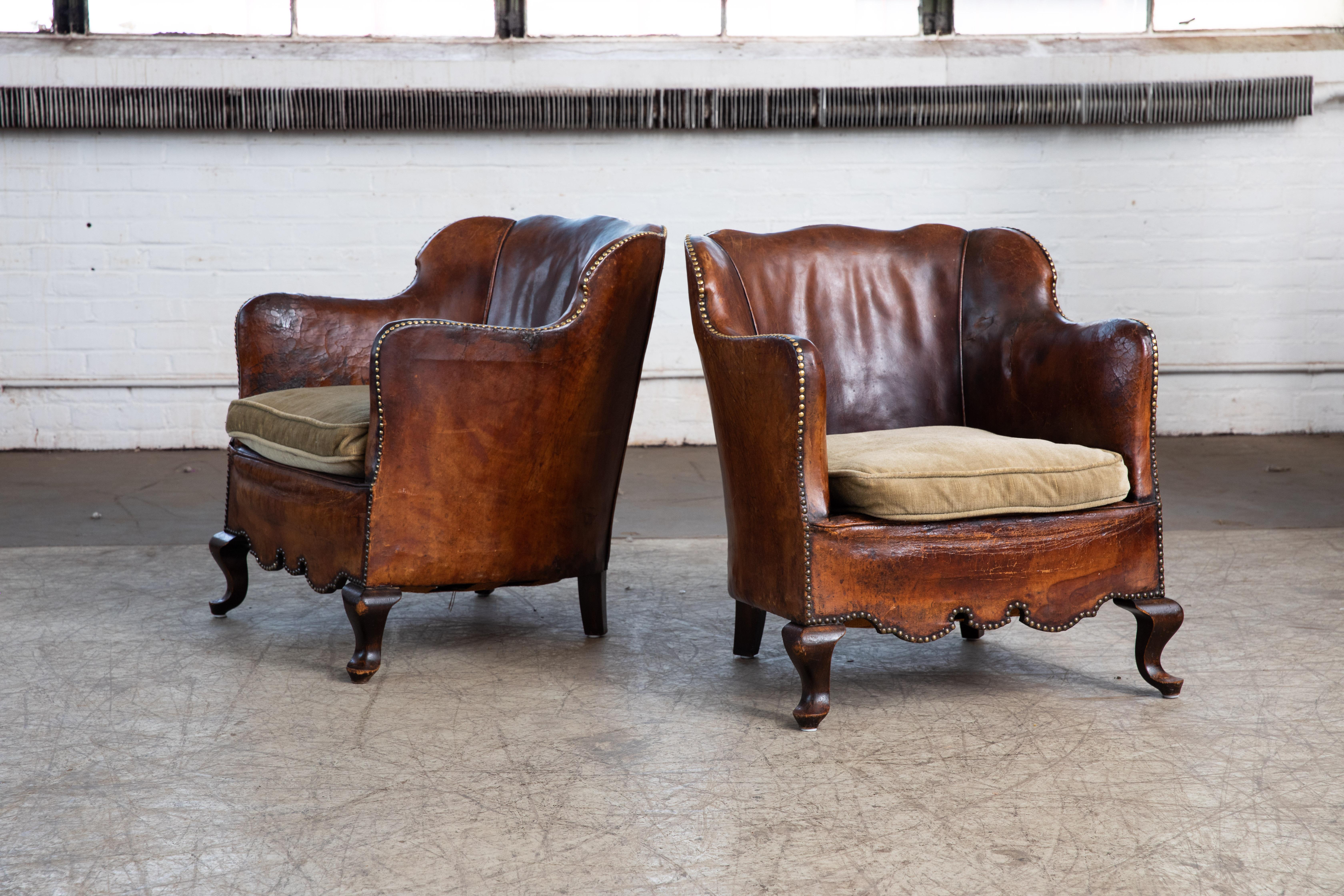 Pair of Classic Danish Club or Library Chairs in Cognac Color Patinated Leather 3