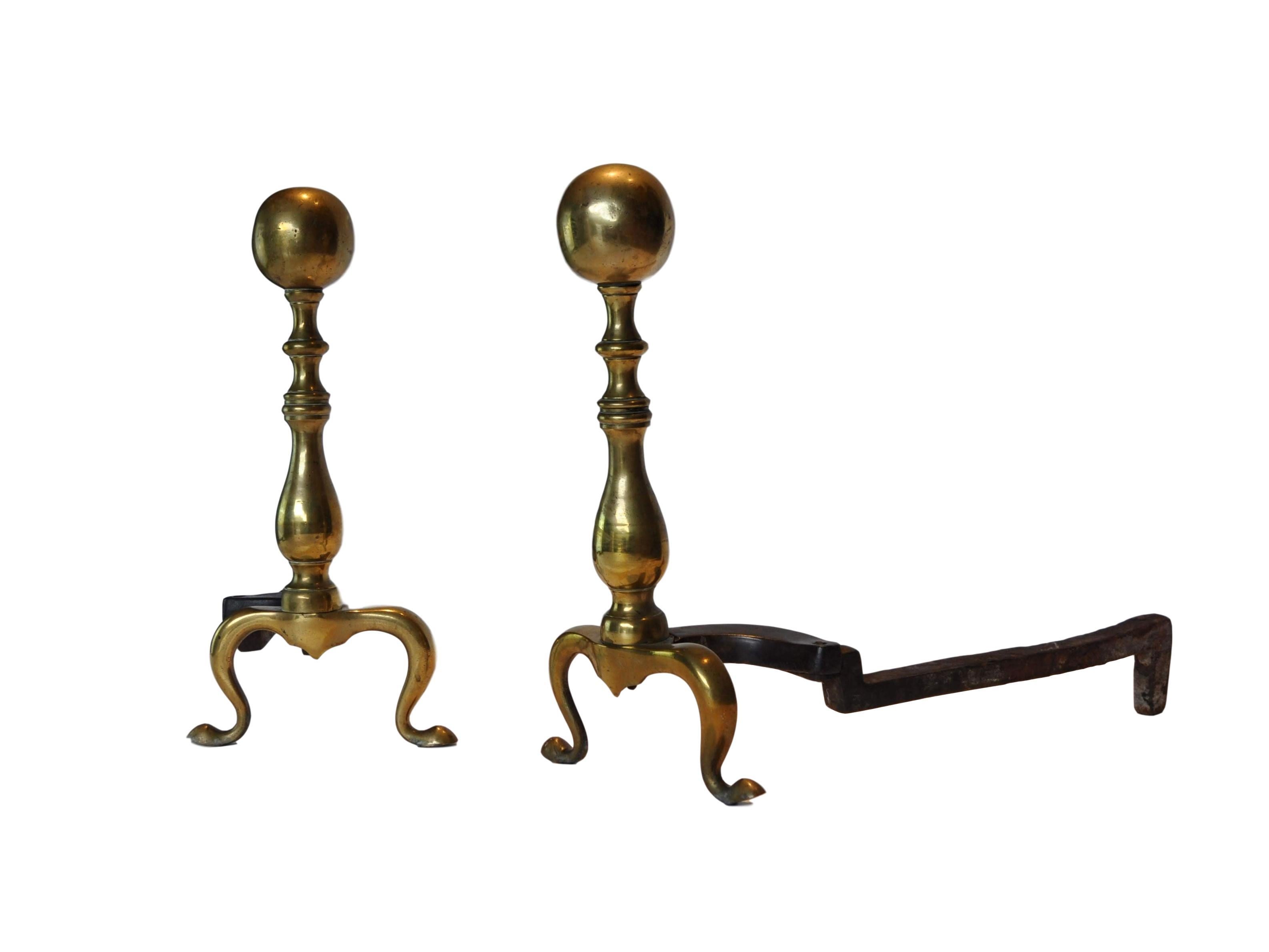 English Pair of Classic Early 20th Century Brass Cannonball Andirons
