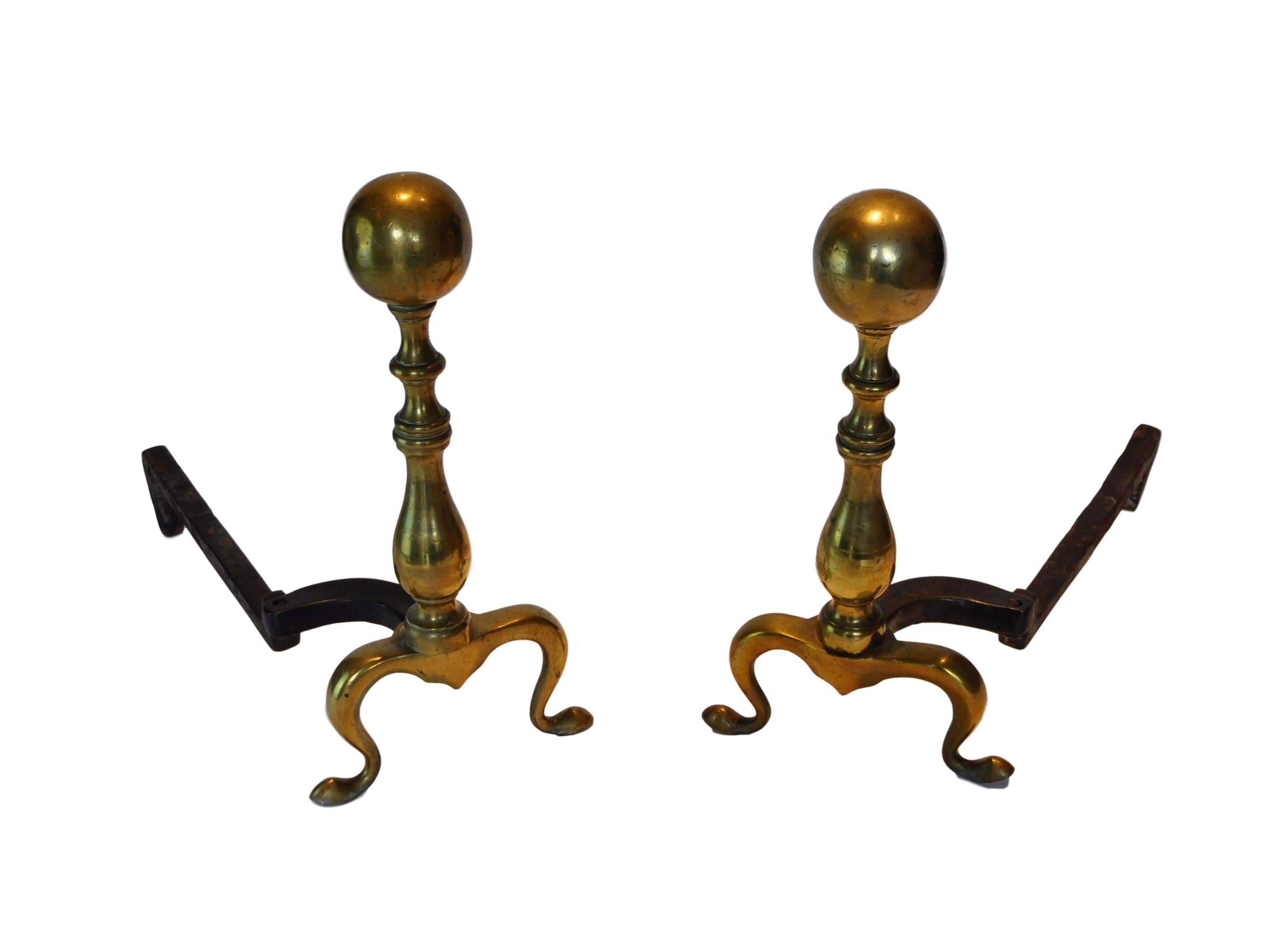 Pair of Classic Early 20th Century Brass Cannonball Andirons In Good Condition In Banner Elk, NC