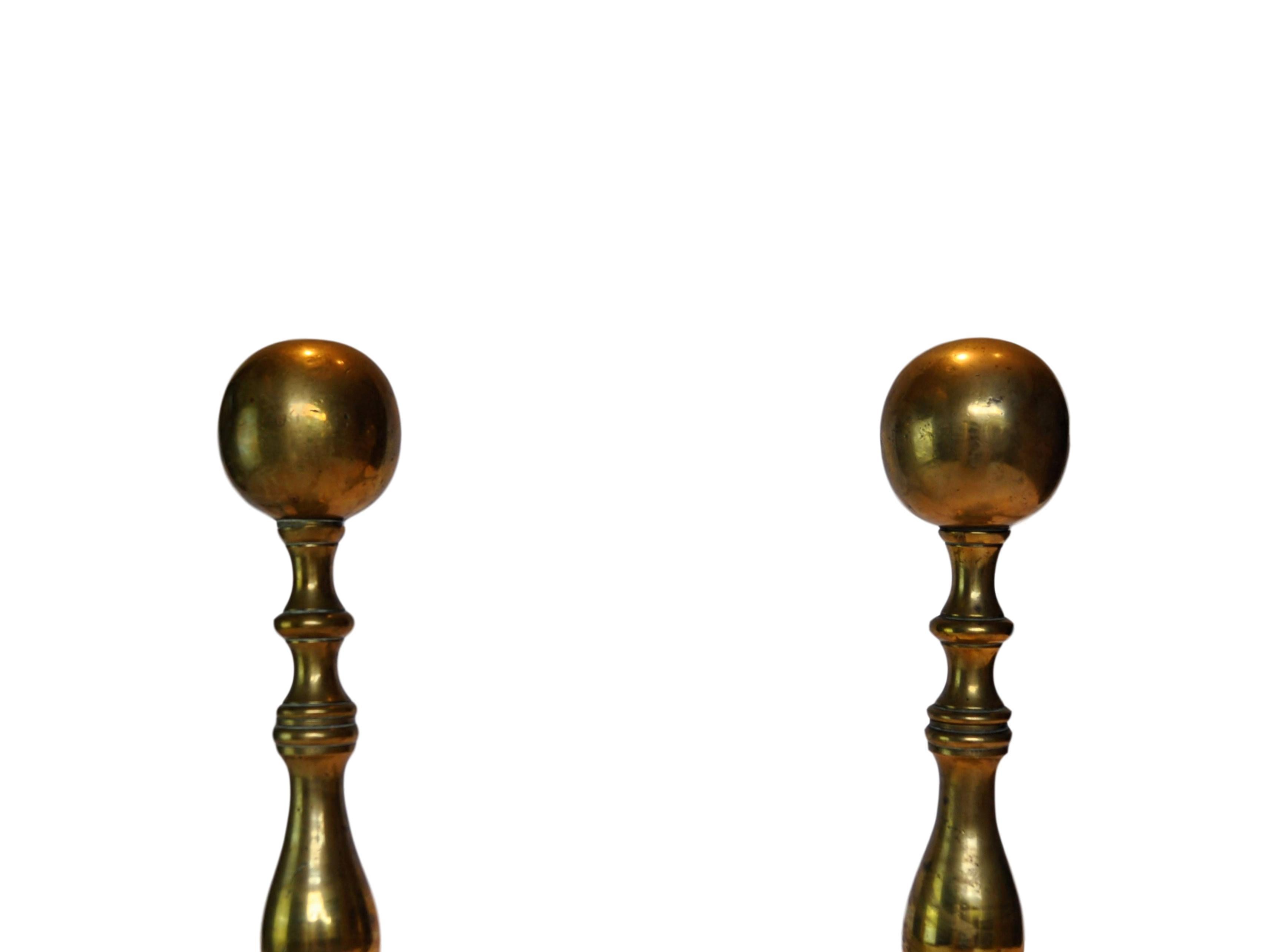 Pair of Classic Early 20th Century Brass Cannonball Andirons 1
