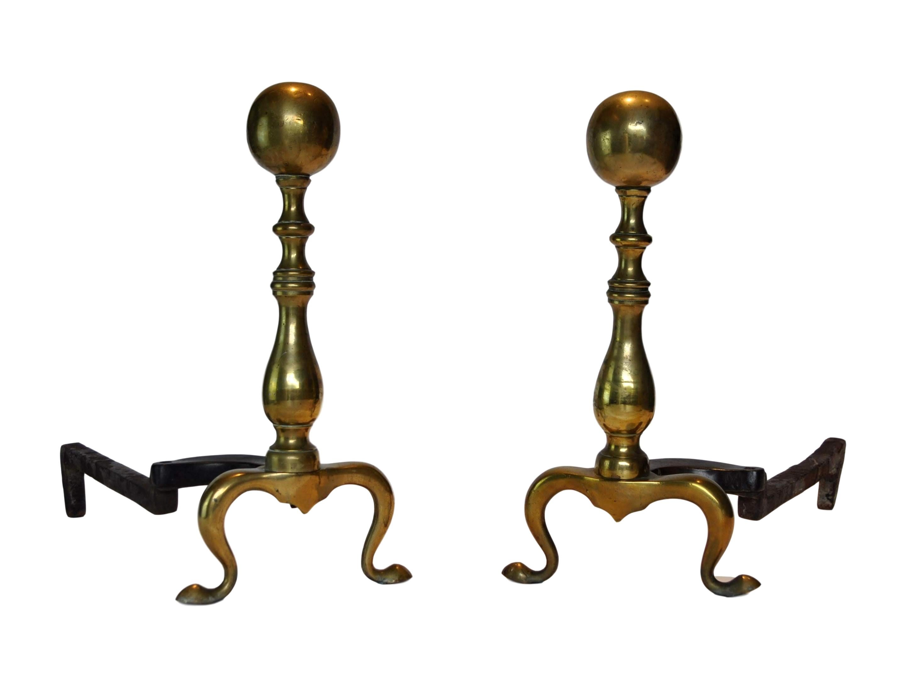 Pair of Classic Early 20th Century Brass Cannonball Andirons