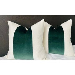 Pair of Classic Emerald Panel With Oatmeal Linen Pillows