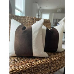 Pair of Classic Espresso Brown Velvet Panel with Oatmeal Linen Pillows