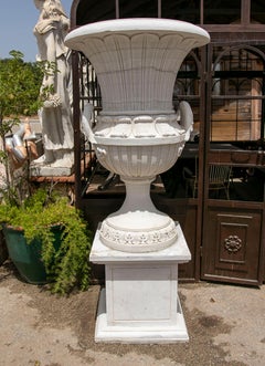 Pair of Classic Garden Urns with Pedestals, Carved from Natural Marble.