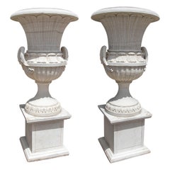 Pair of Classic Garden Urns with Pedestals, Carved from Natural Marble.